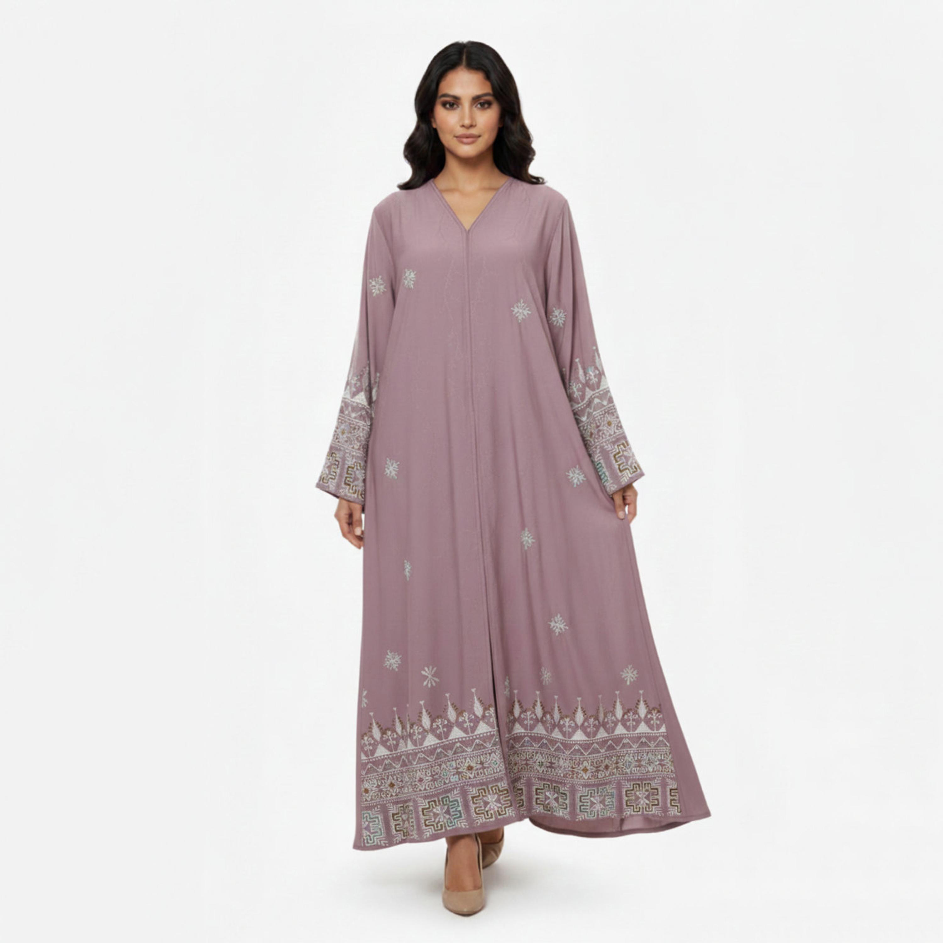 عباءة نسائية بلون "موف" وتطريز "جيوميتريك" هندسي مع حجاب من حديث المدينة-women-arabicclothing-abayas-image-3