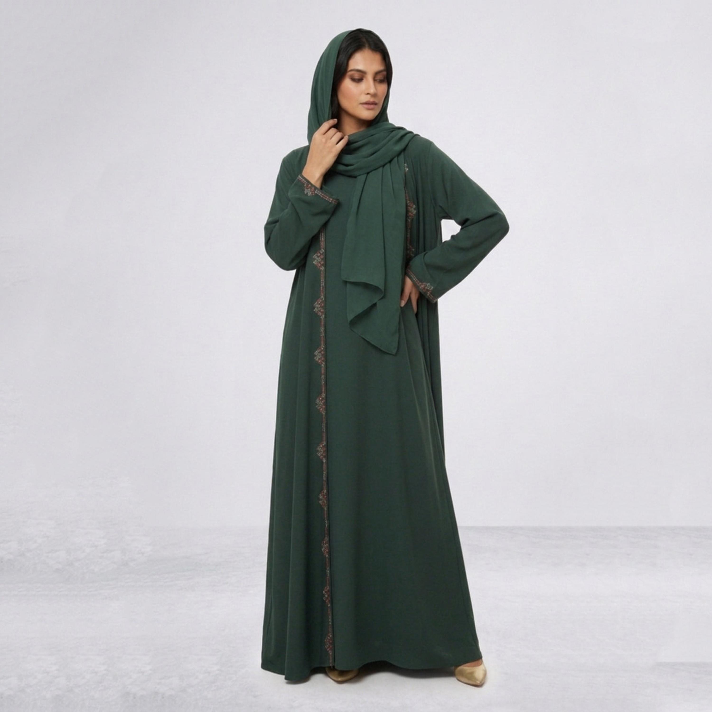 عباءة نسائية طبقات باللون الأخضر مطرزة مع فستان داخلي متصل وحجاب من حديث المدينة-women-arabicclothing-abayas-image-1