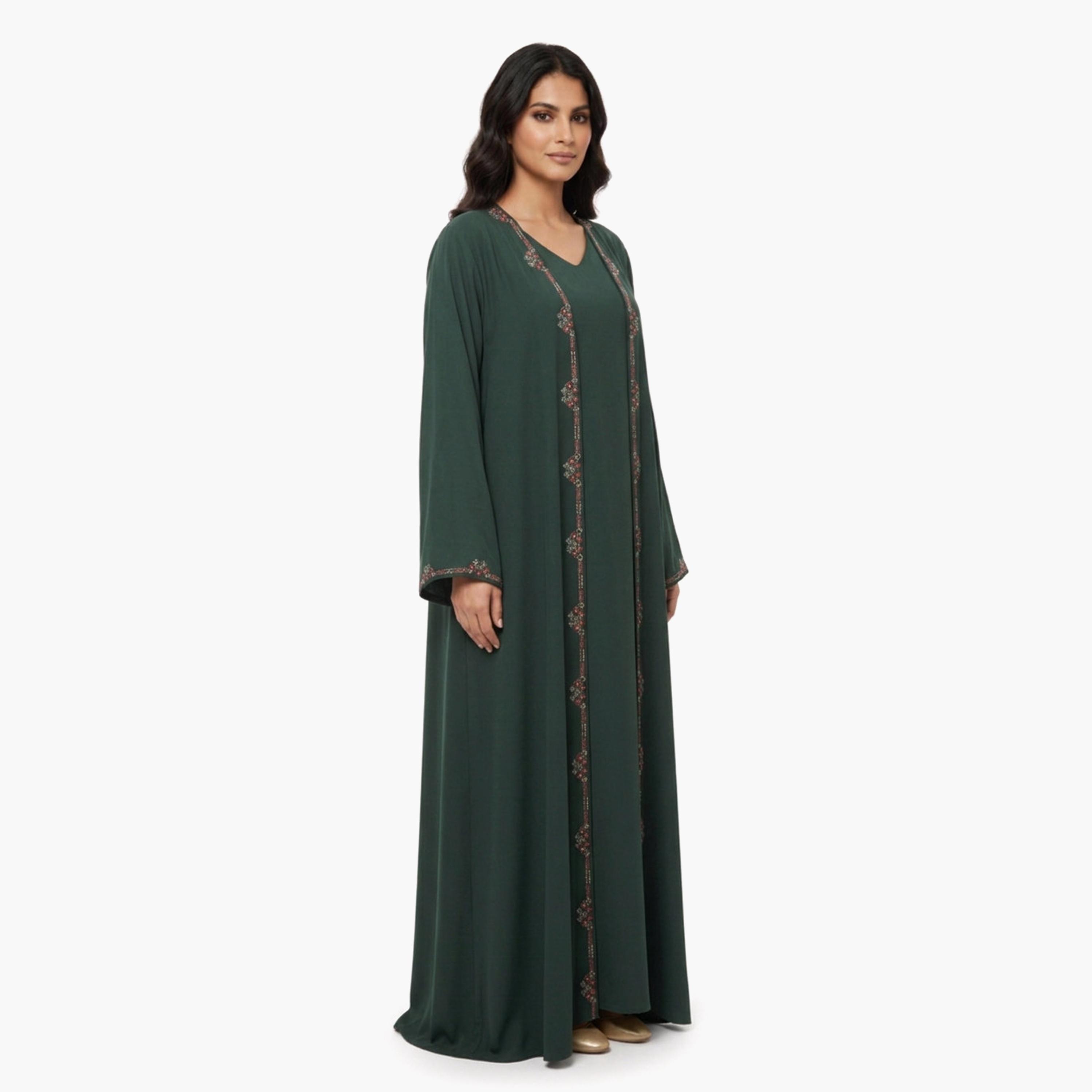 عباءة نسائية طبقات باللون الأخضر مطرزة مع فستان داخلي متصل وحجاب من حديث المدينة-women-arabicclothing-abayas-image-2