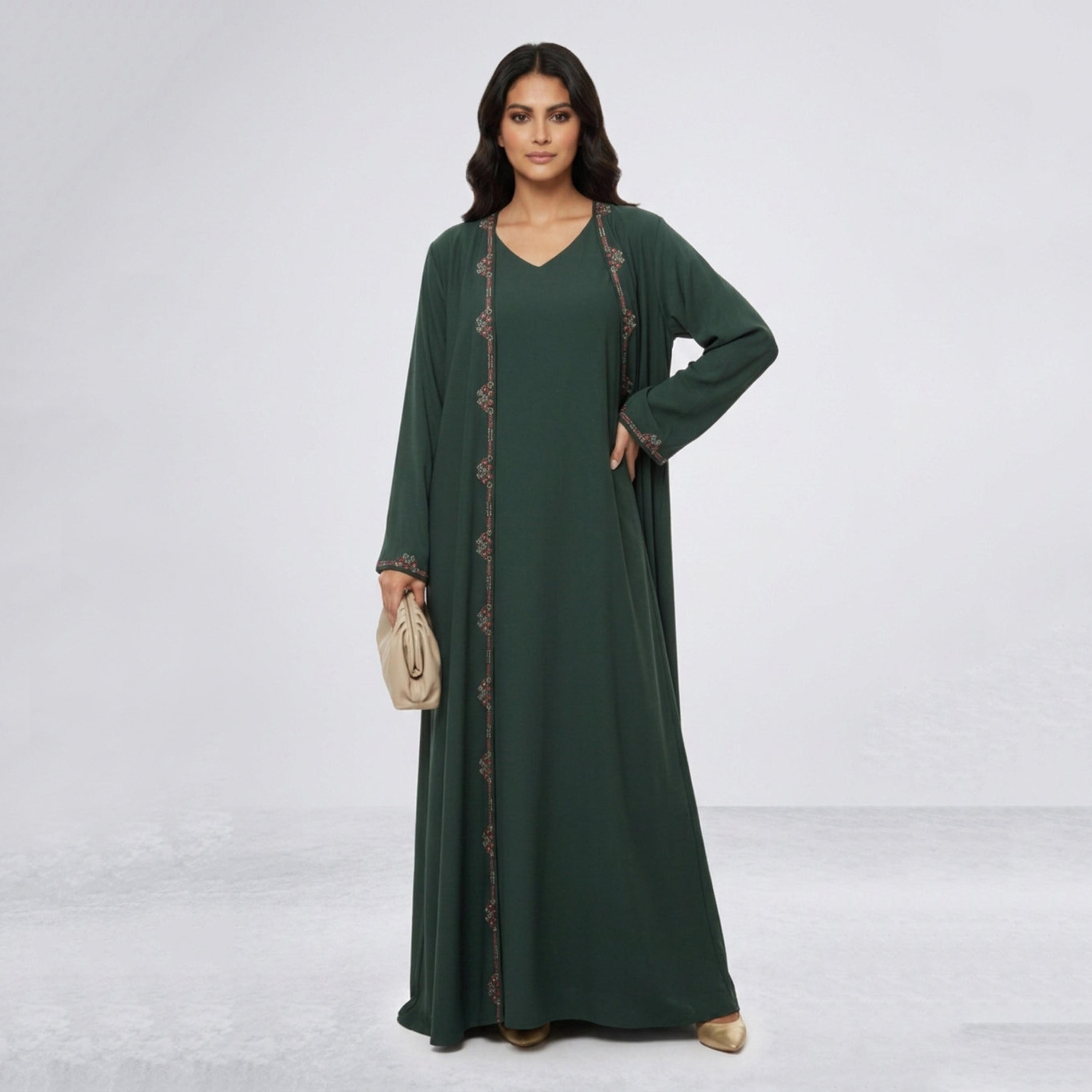 عباءة نسائية طبقات باللون الأخضر مطرزة مع فستان داخلي متصل وحجاب من حديث المدينة-women-arabicclothing-abayas-image-3