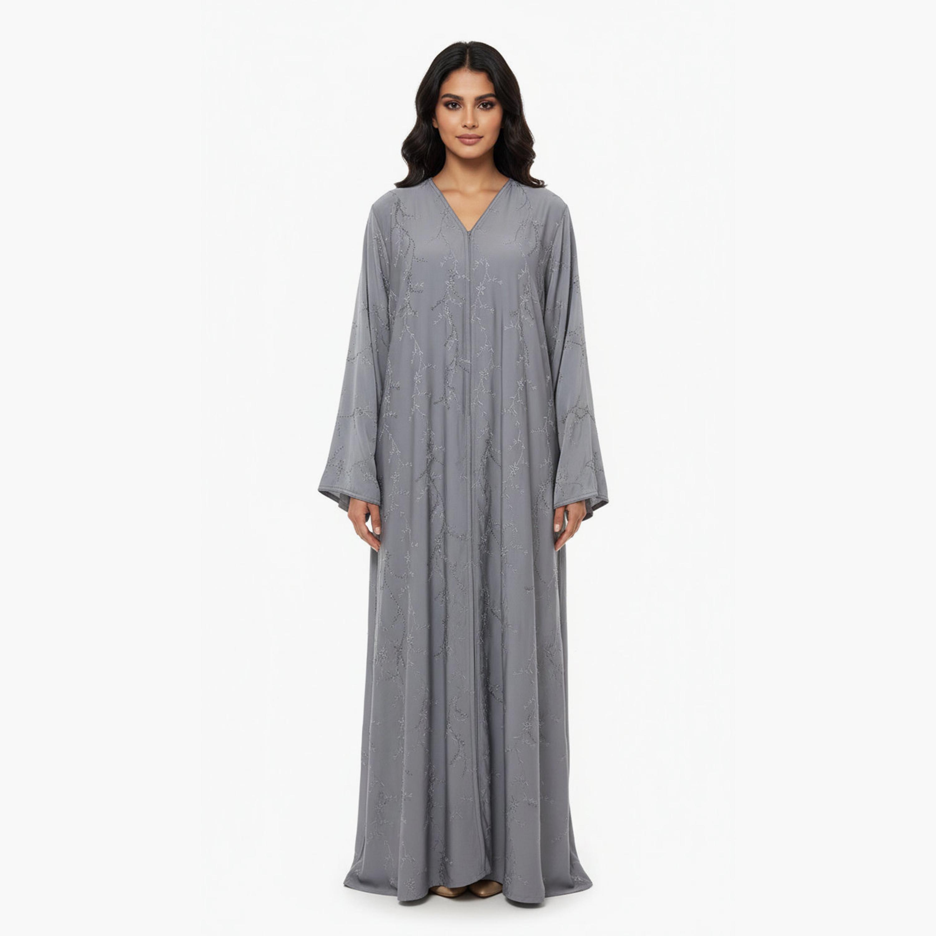 Hadiyath Al Madinah Grey Fluid Sleeves Embroidered Women's Abaya-women-arabicclothing-abayas-image-1