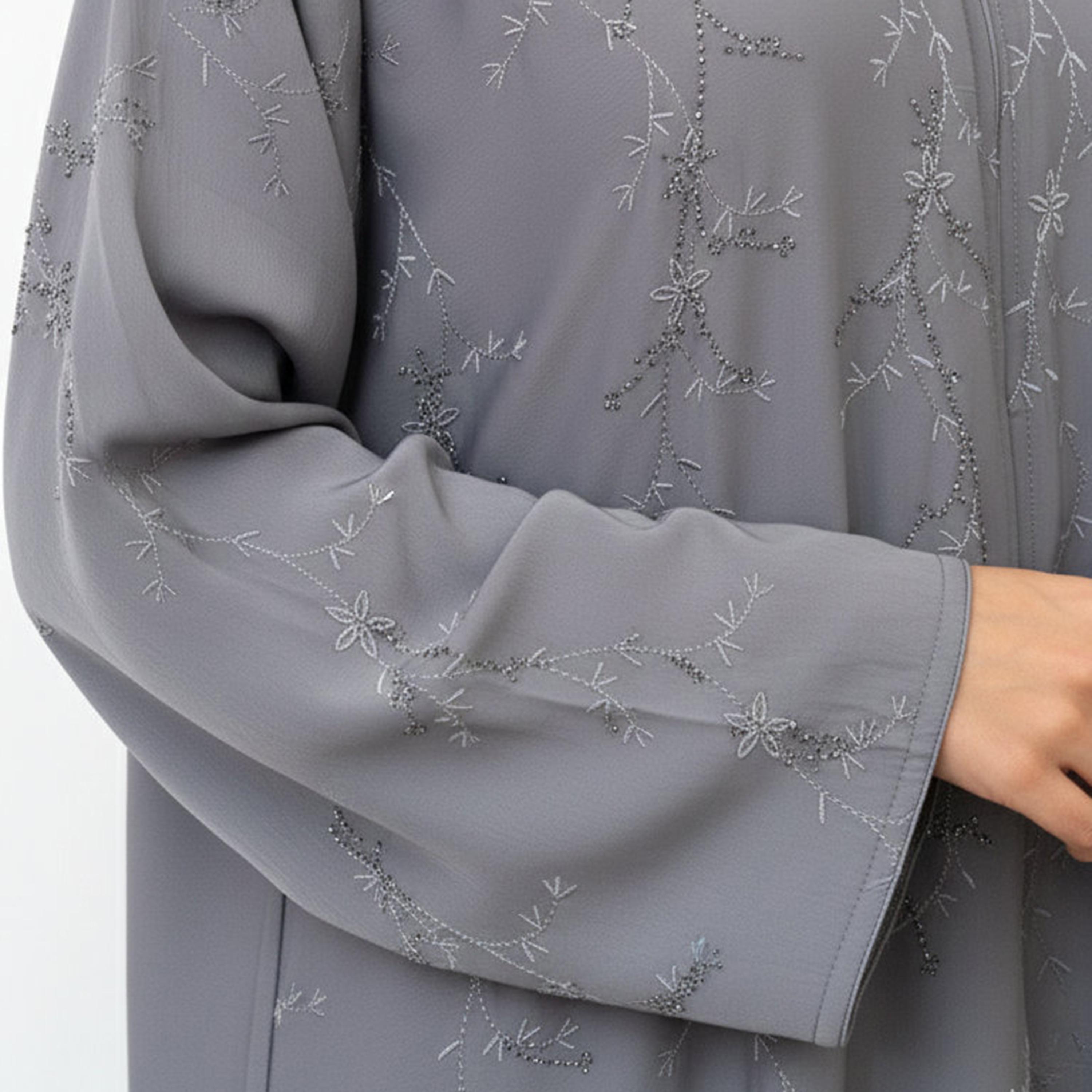 Hadiyath Al Madinah Grey Fluid Sleeves Embroidered Women's Abaya-women-arabicclothing-abayas-image-2