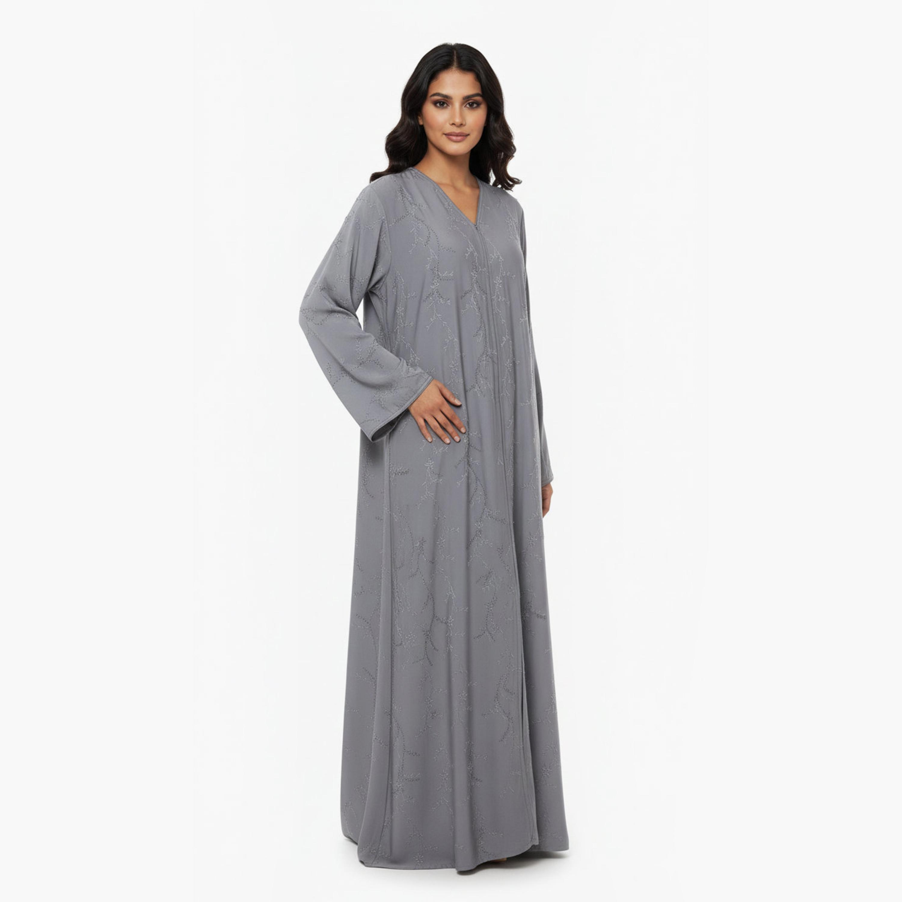 Hadiyath Al Madinah Grey Fluid Sleeves Embroidered Women's Abaya-women-arabicclothing-abayas-image-3