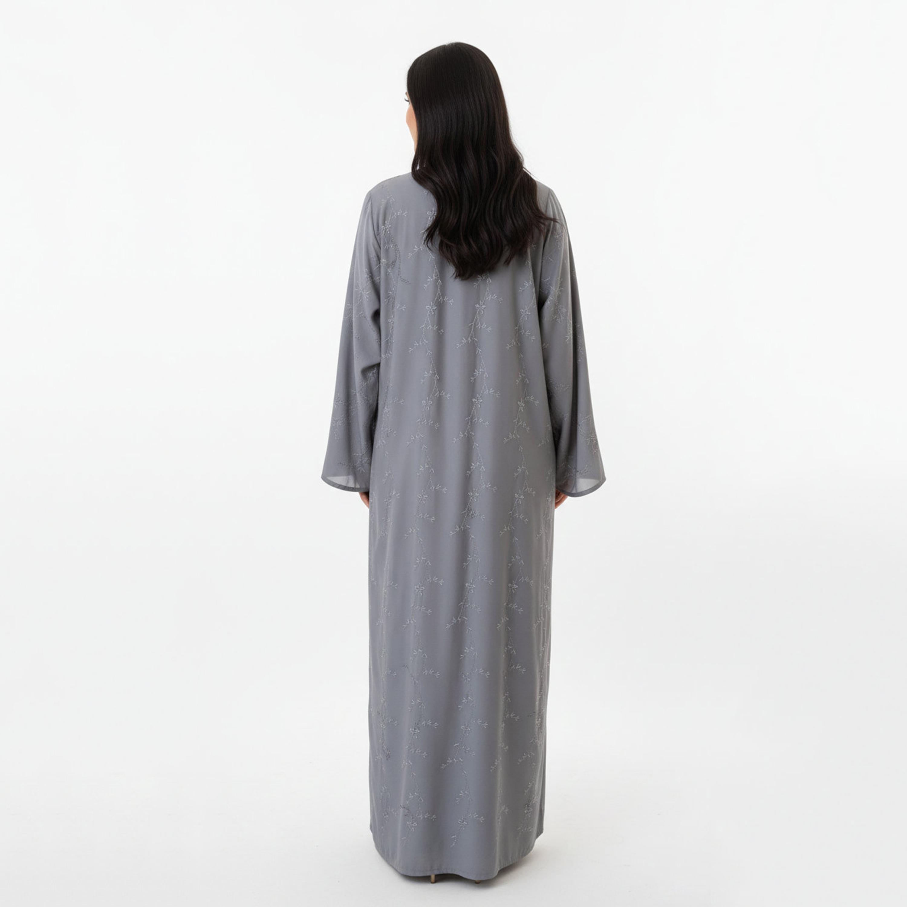 Hadiyath Al Madinah Grey Fluid Sleeves Embroidered Women's Abaya-women-arabicclothing-abayas-image-4