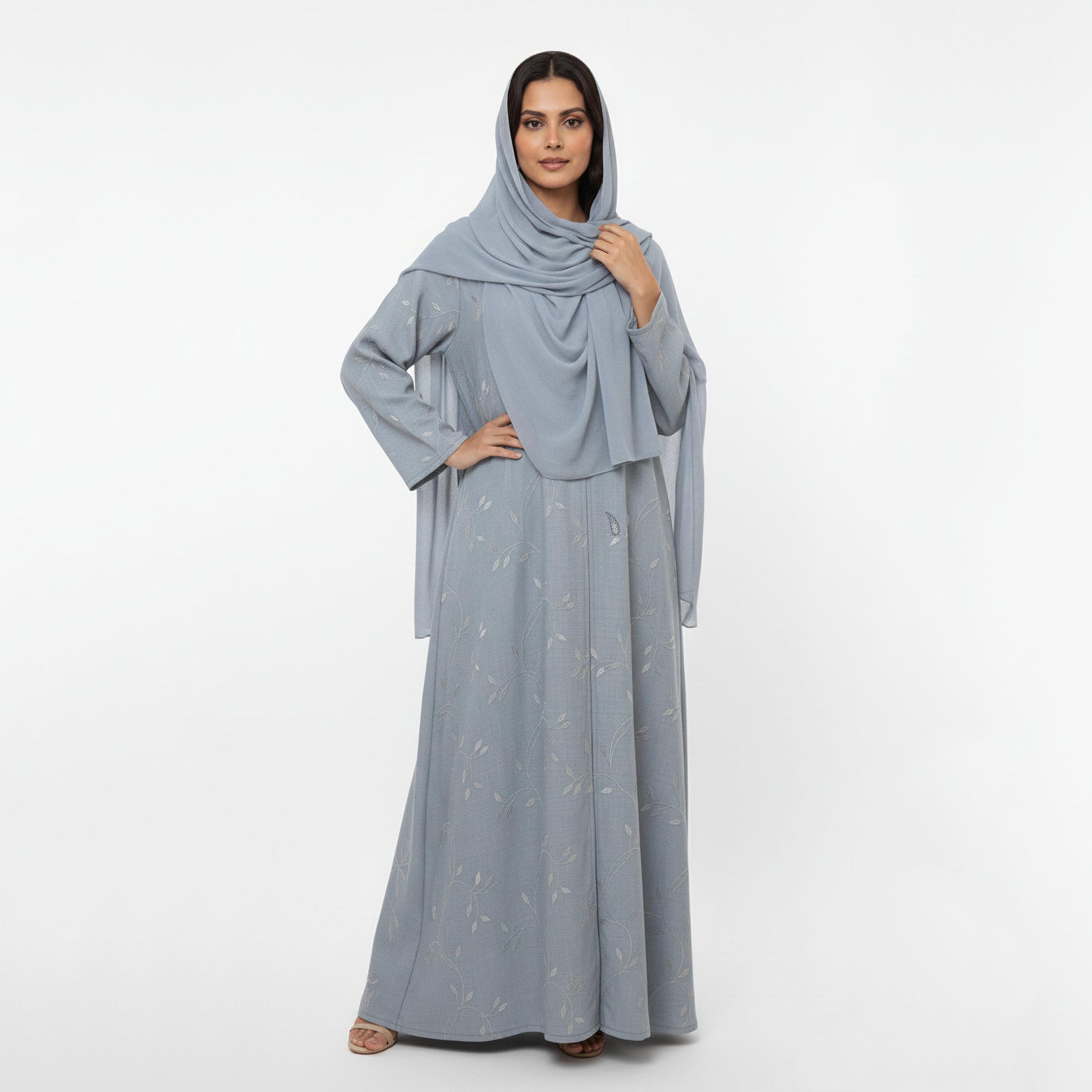 Hadiyath Al Madinah Grey Leaf Embroidered Women's Abaya with Hijab-women-arabicclothing-abayas-image-1