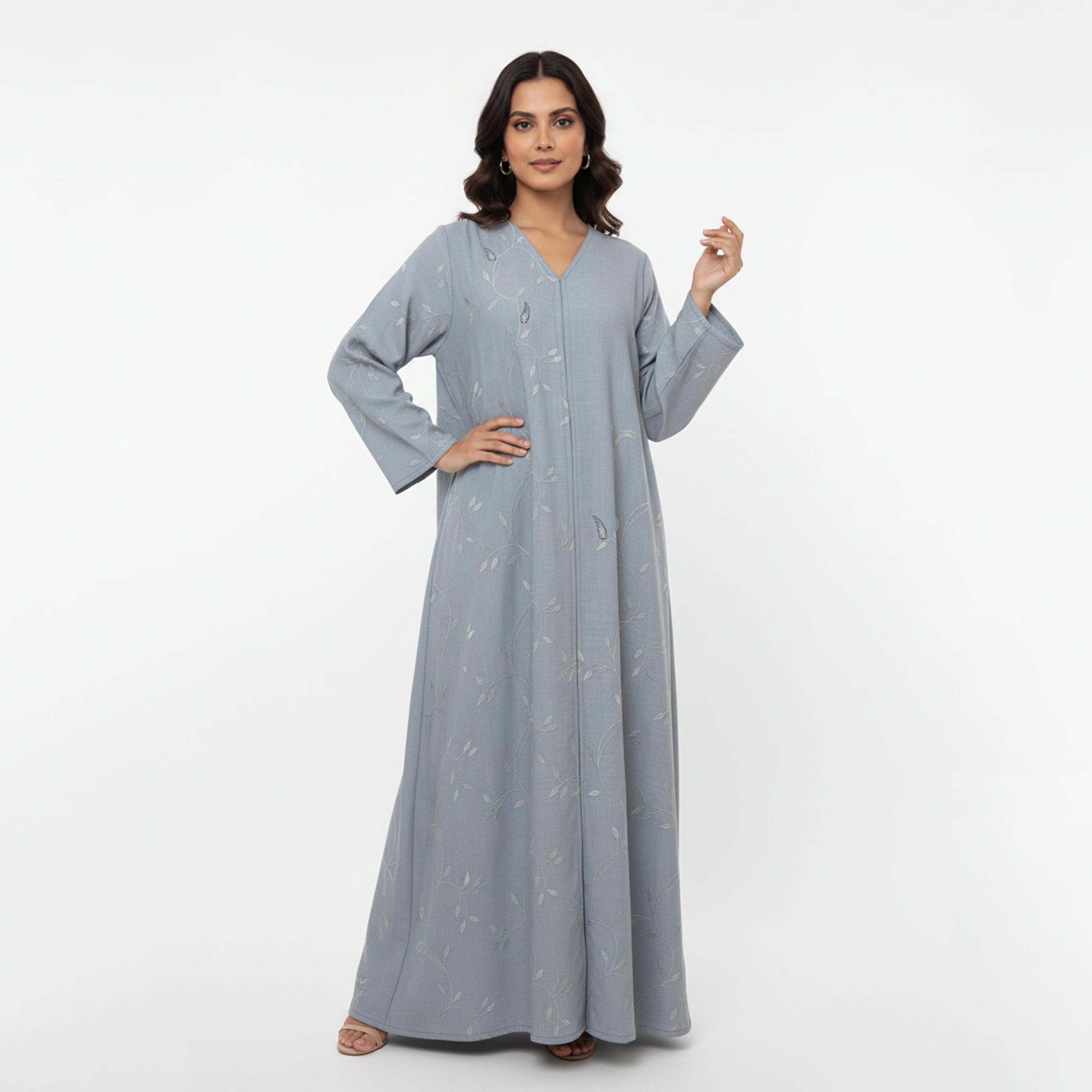 Hadiyath Al Madinah Grey Leaf Embroidered Women's Abaya with Hijab-women-arabicclothing-abayas-image-3