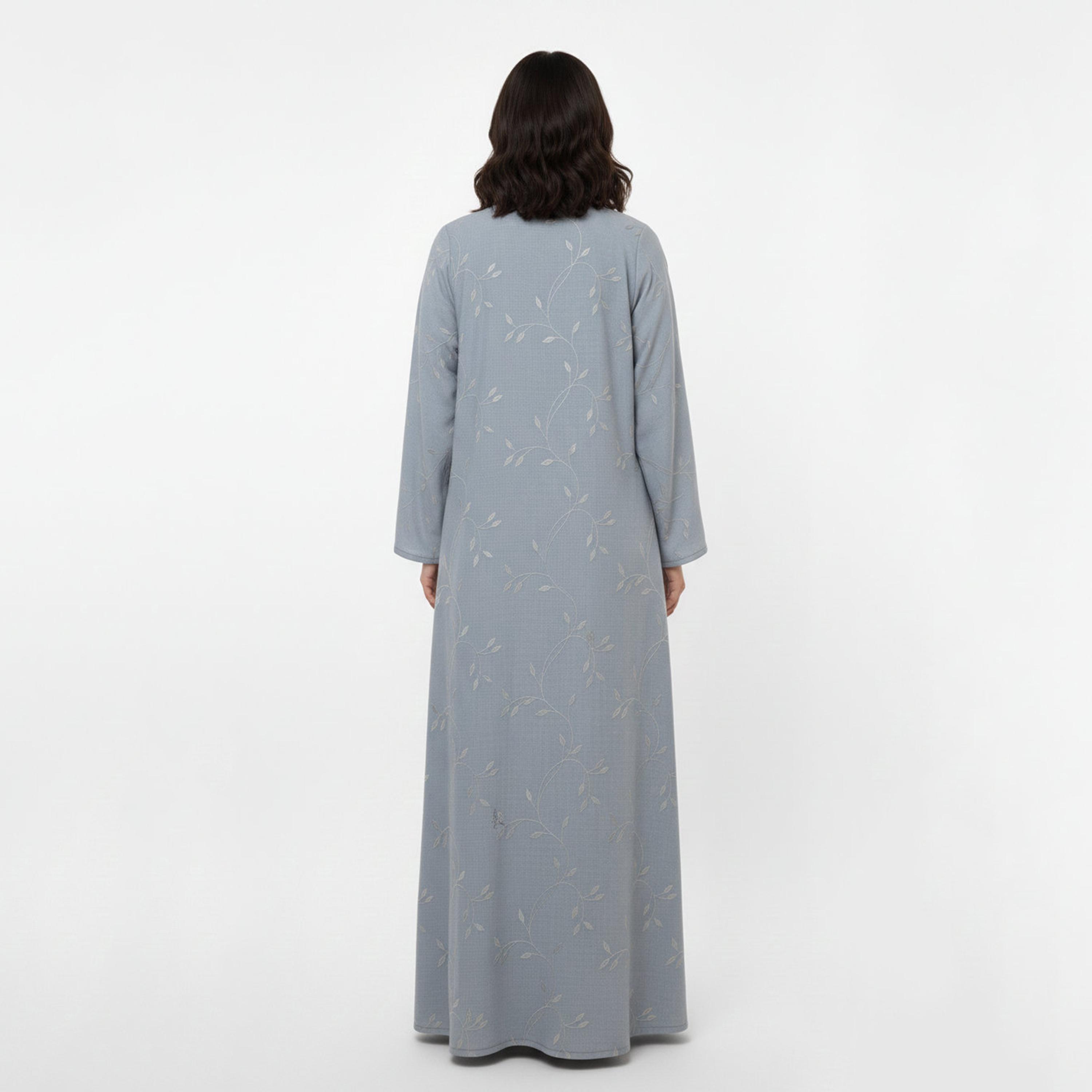 Hadiyath Al Madinah Grey Leaf Embroidered Women's Abaya with Hijab-women-arabicclothing-abayas-image-4