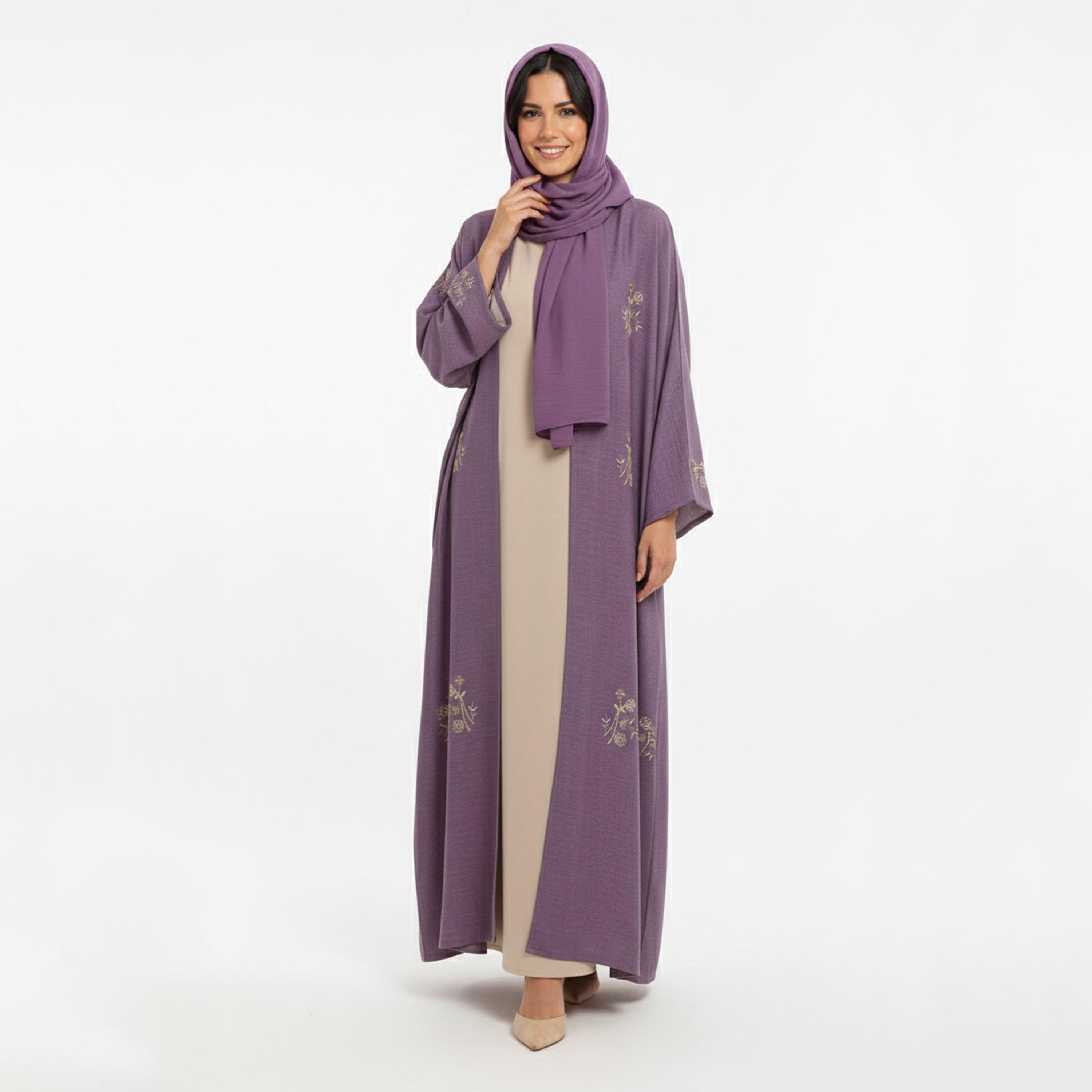 عباءة نسائية بلون "ليلاك" وتطريز "فلورال" مع فستان داخلي متصل وحجاب من حديث المدينة-women-arabicclothing-abayas-image-1