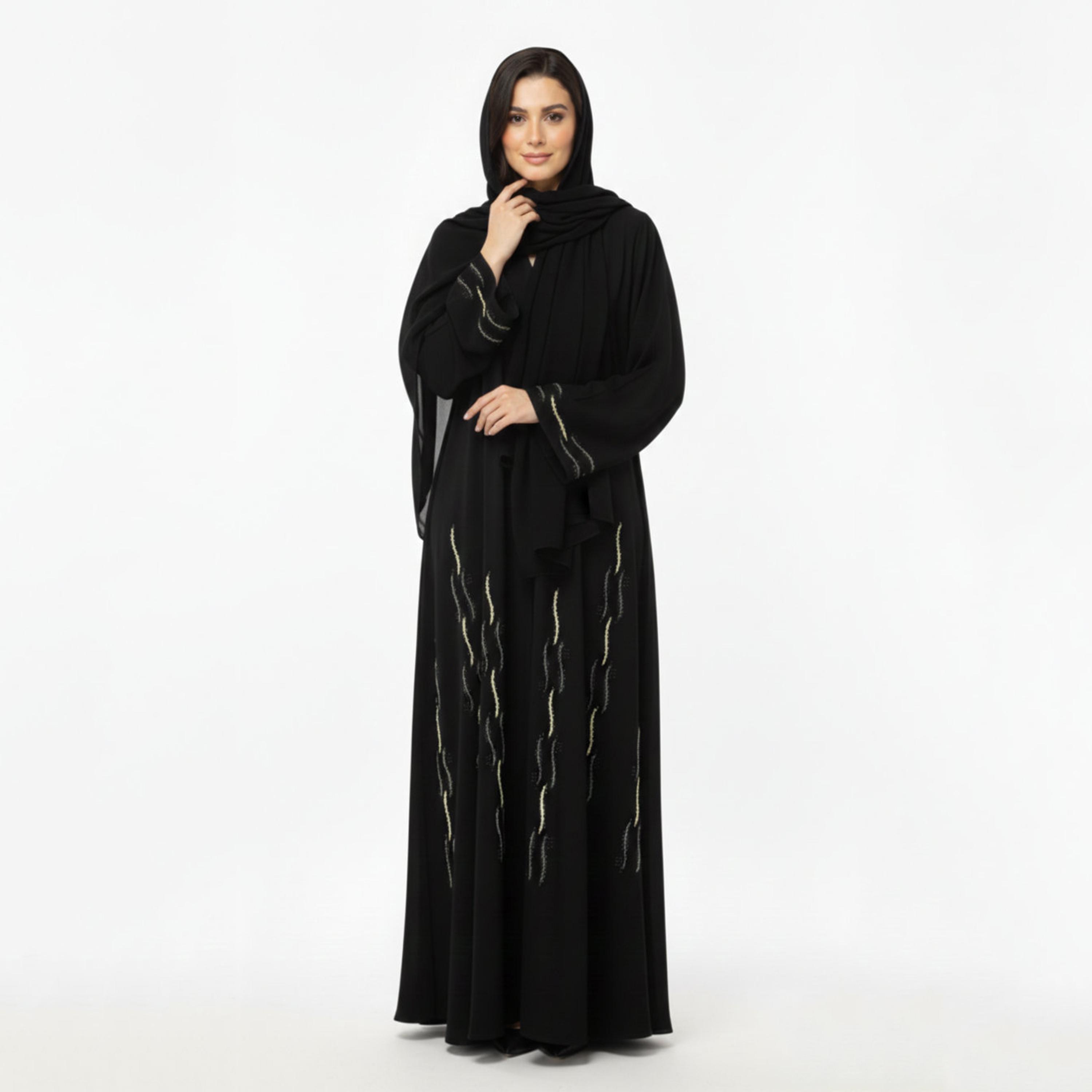 عباءة نسائية سوداء بشغل يدوي "هاند وورك" مع حجاب من حديث المدينة-women-arabicclothing-abayas-image-1