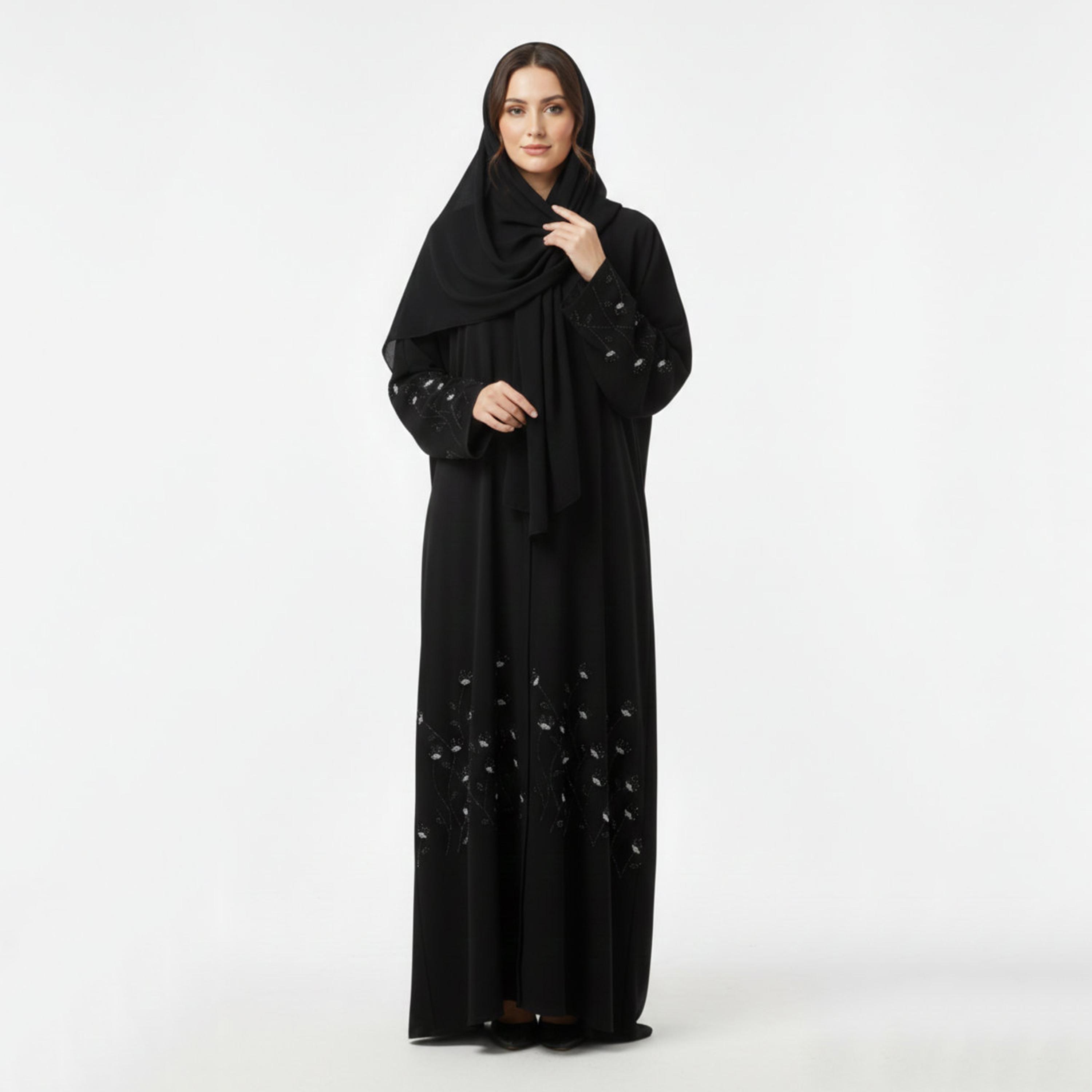 عباءة نسائية سوداء بشغل يدوي "هاند وورك" مع حجاب من حديث المدينة-women-arabicclothing-abayas-image-1