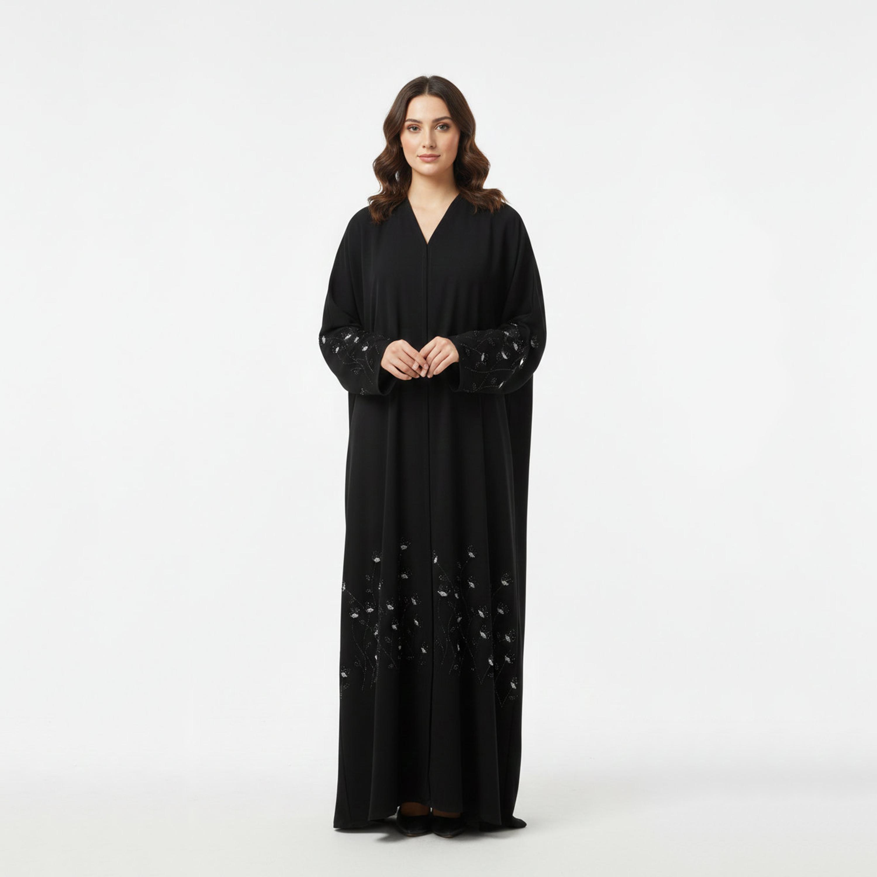 عباءة نسائية سوداء بشغل يدوي "هاند وورك" مع حجاب من حديث المدينة-women-arabicclothing-abayas-image-3