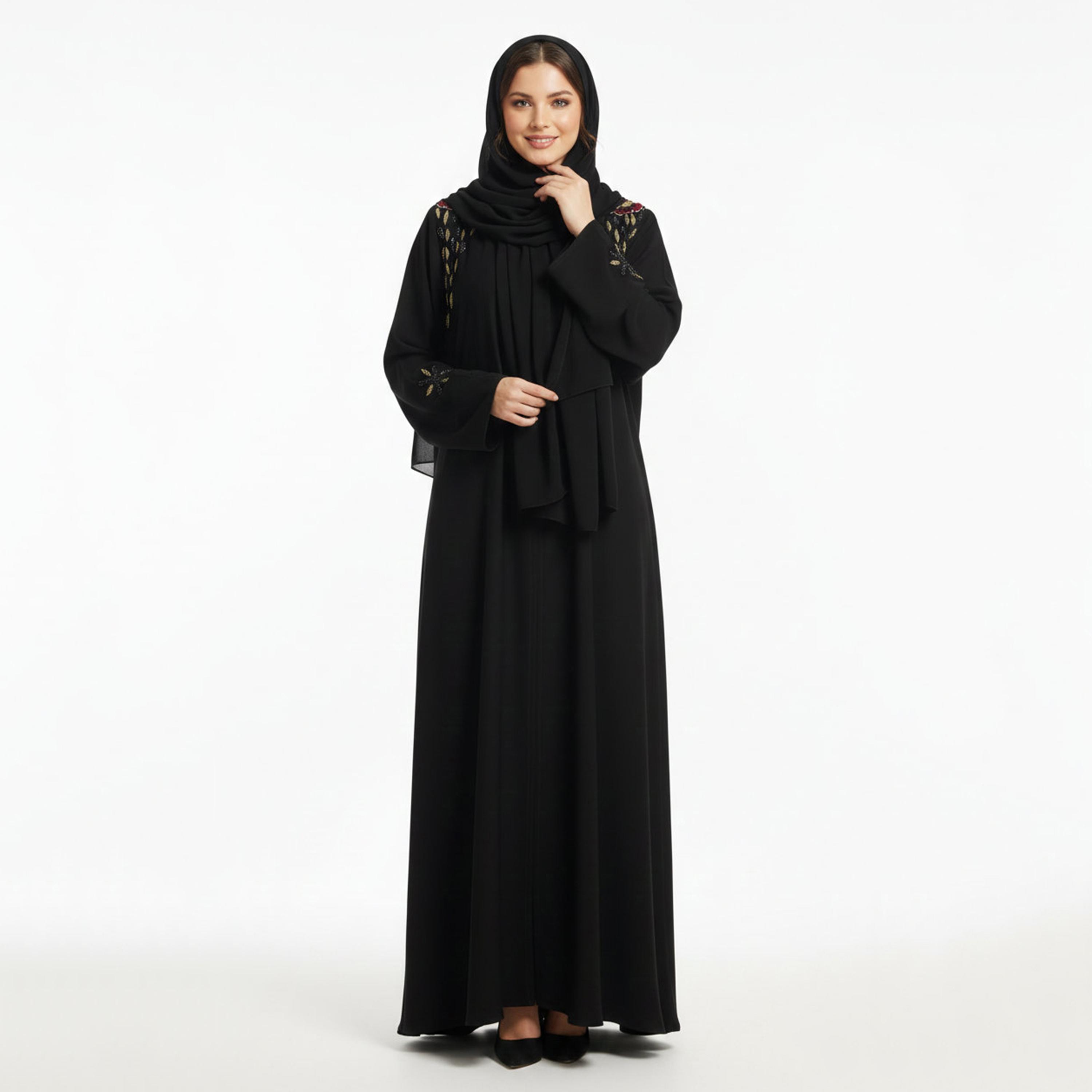 عباءة نسائية سوداء بتطريز يدوي وزينة مع حجاب من حديث المدينة-women-arabicclothing-abayas-image-1