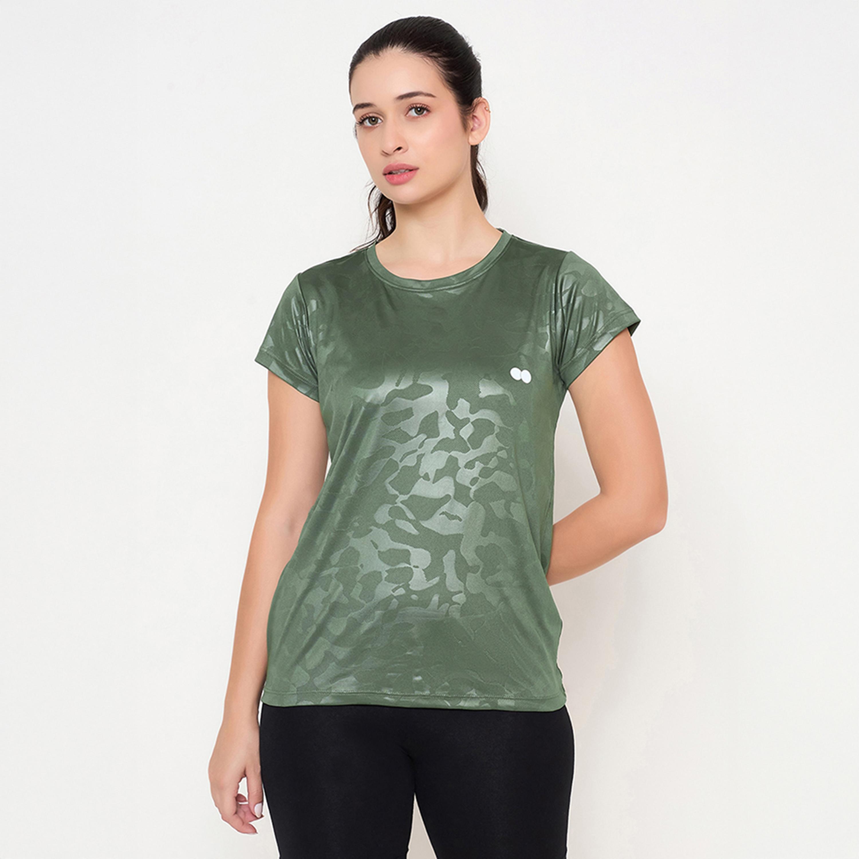 Clovia Comfort-Fit Camouflage Print Women's Active T-Shirt in Sage Green-women-clothing-tshirts-image-1