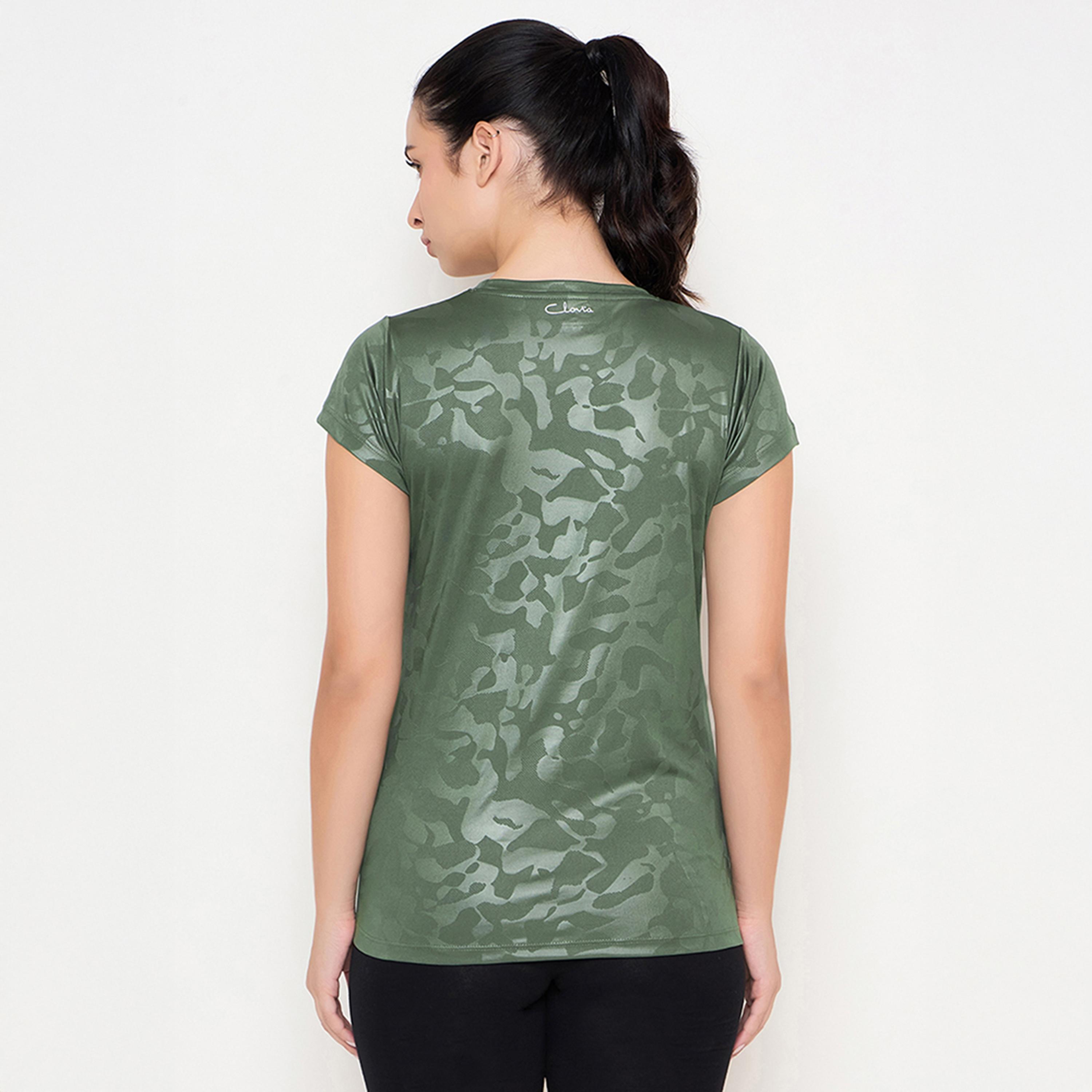 Clovia Comfort-Fit Camouflage Print Women's Active T-Shirt in Sage Green-women-clothing-tshirts-image-4
