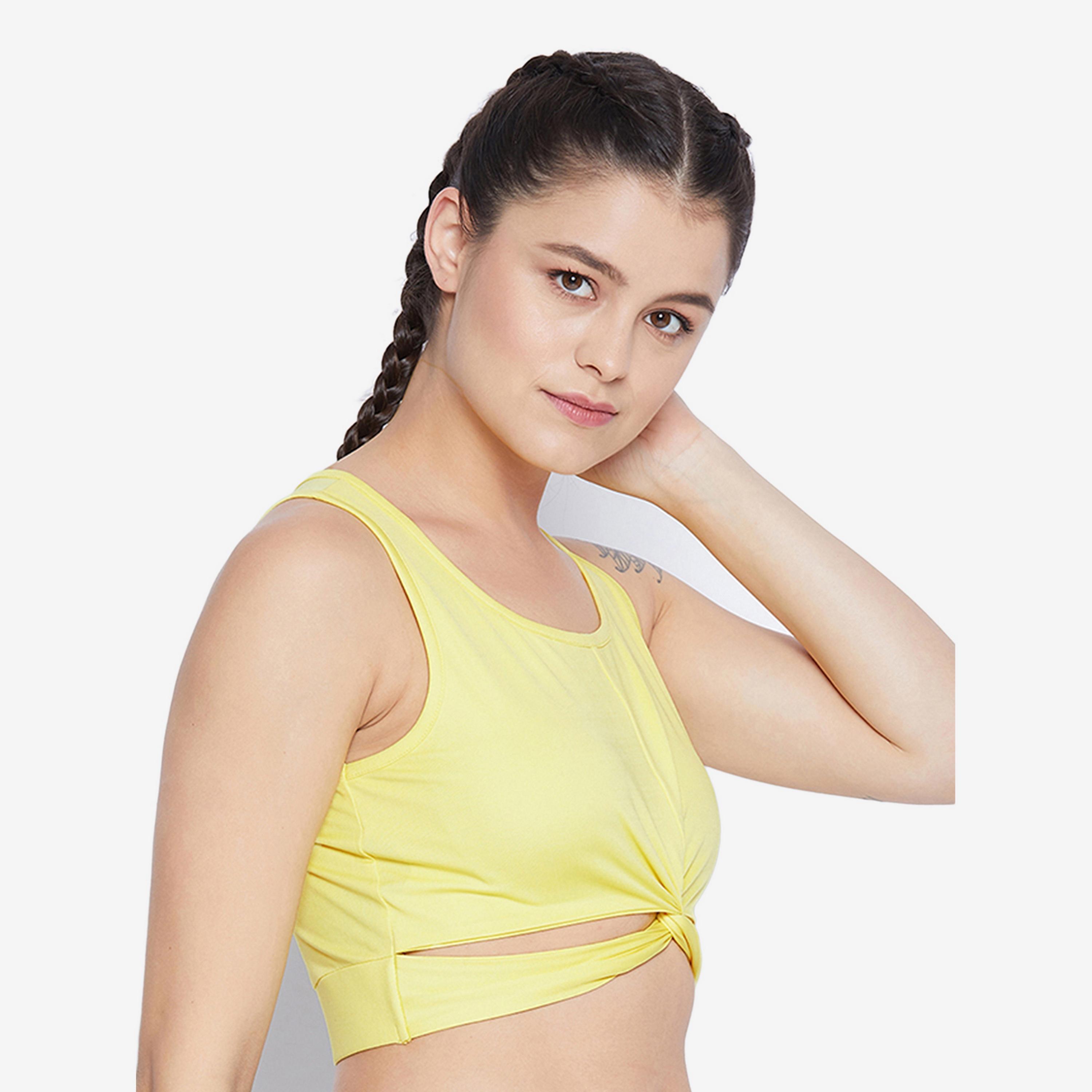 Clovia Snug Fit Women's Active Crop Top with Twist Knot in Yellow-women-clothing-sportswearandactivewear-tshirtsandvests-image-3