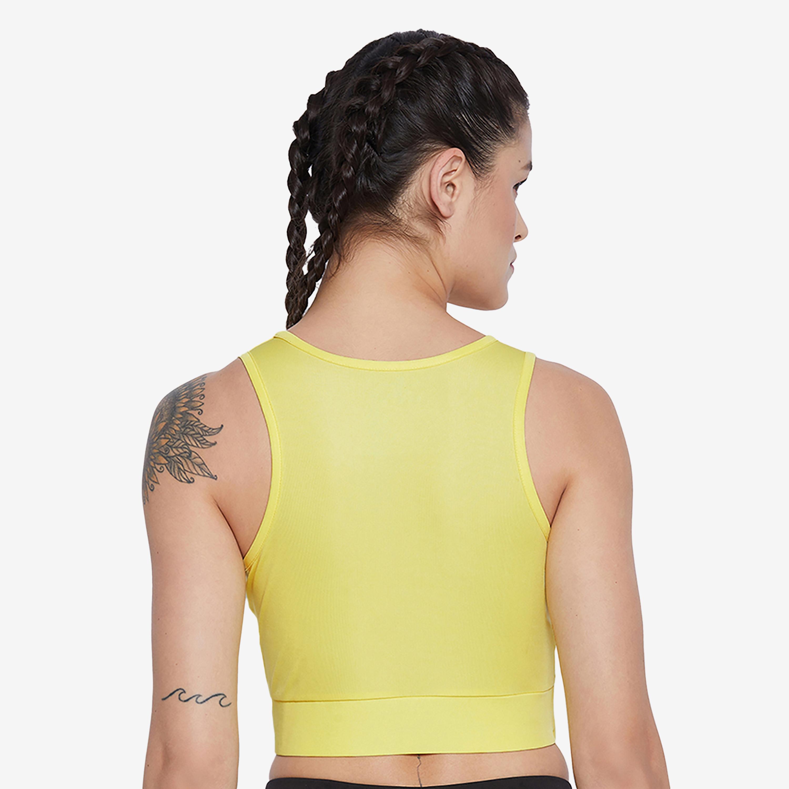 Clovia Snug Fit Women's Active Crop Top with Twist Knot in Yellow-women-clothing-sportswearandactivewear-tshirtsandvests-image-4