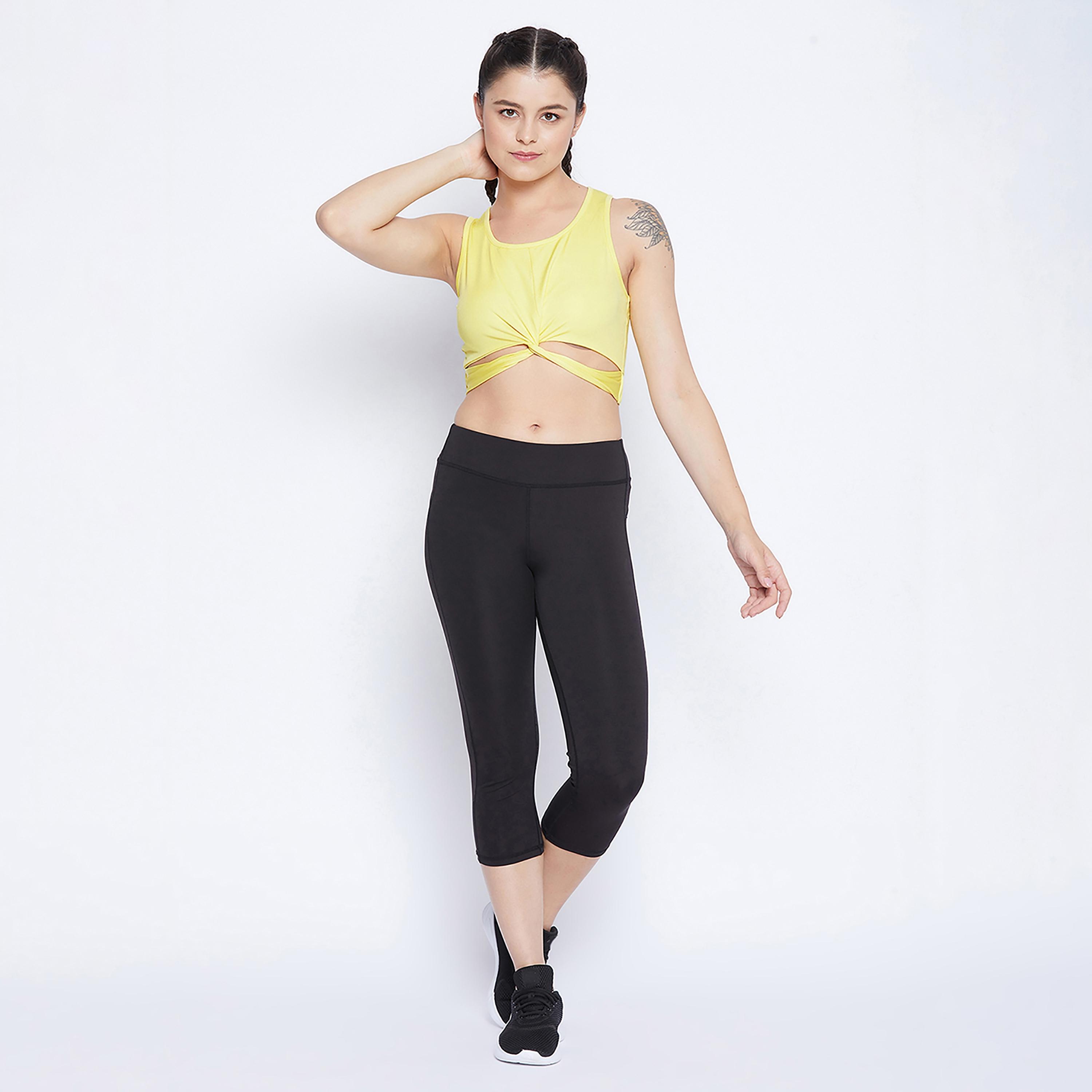Clovia Snug Fit Women's Active Crop Top with Twist Knot in Yellow-women-clothing-sportswearandactivewear-tshirtsandvests-image-6