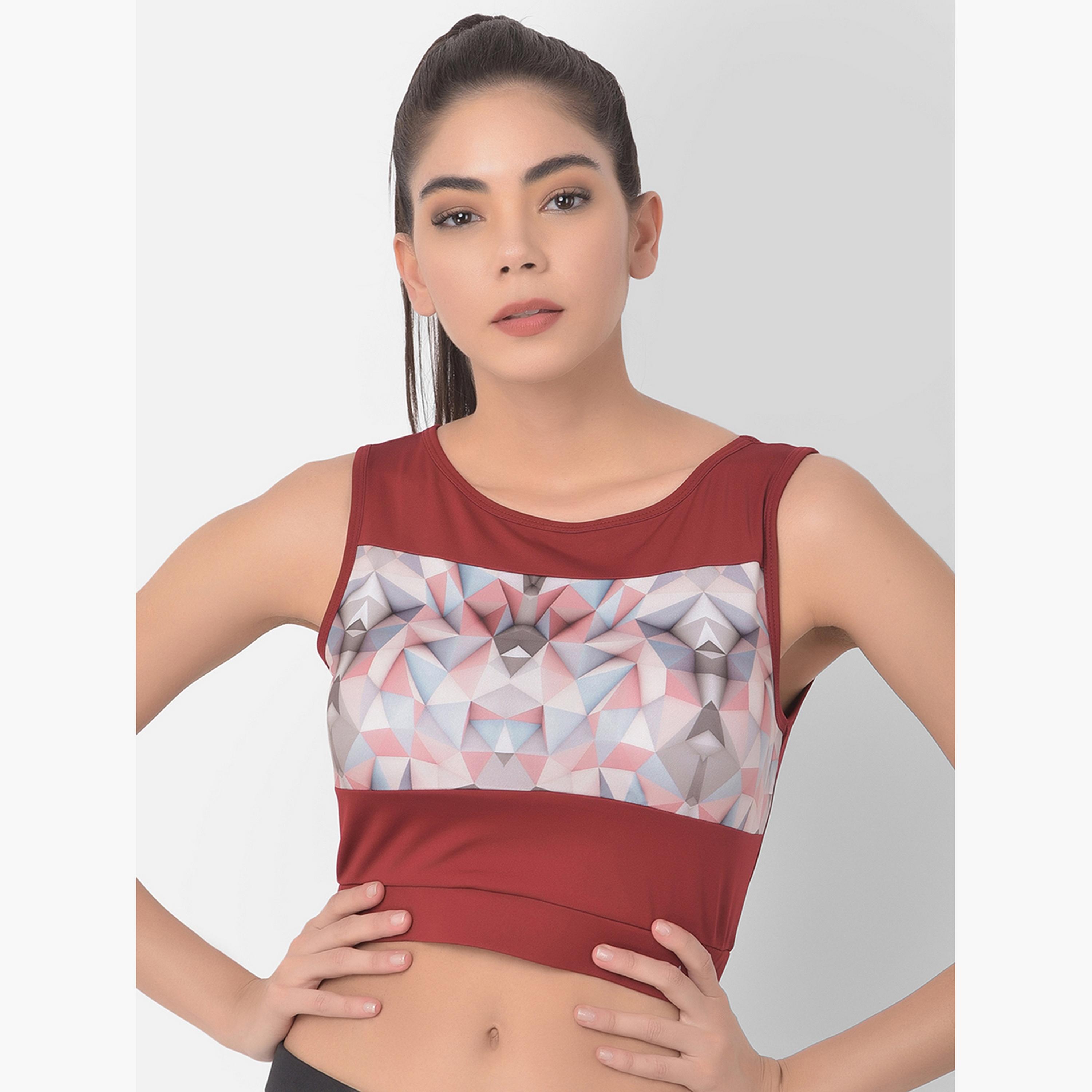Clovia Comfort-Fit Women's Active Geometric Print Crop Top in Maroon-women-clothing-sportswearandactivewear-tshirtsandvests-image-1