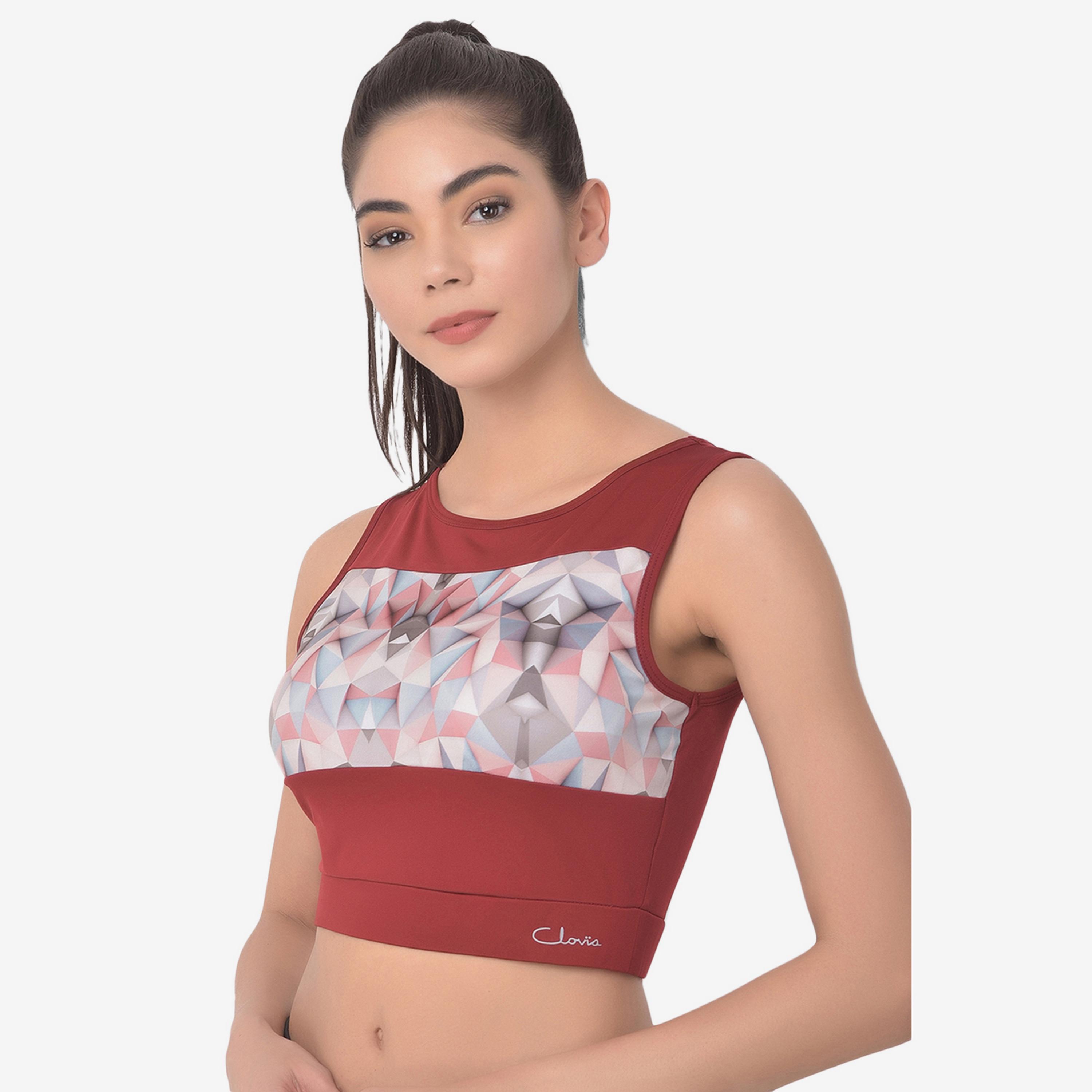 Clovia Comfort-Fit Women's Active Geometric Print Crop Top in Maroon-women-clothing-sportswearandactivewear-tshirtsandvests-image-2