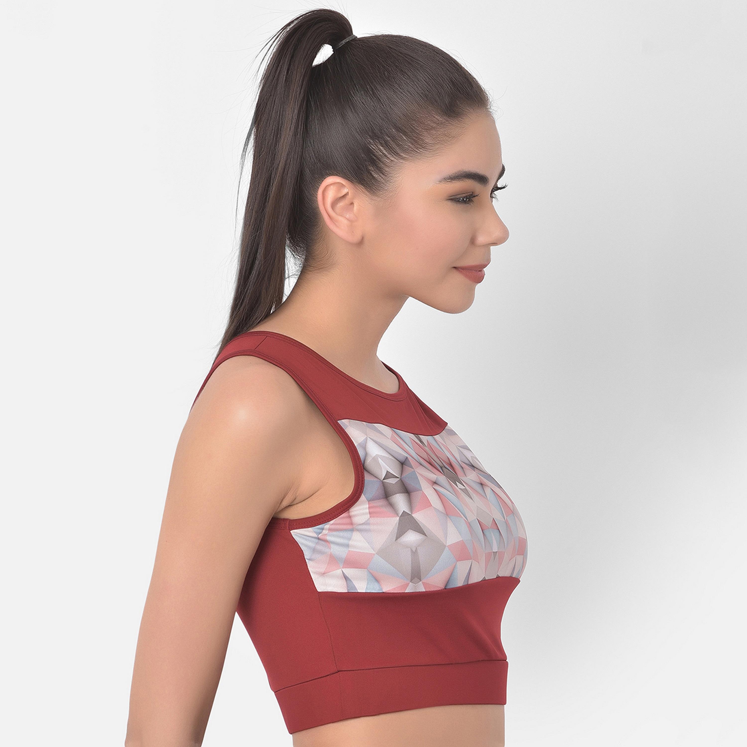 Clovia Comfort-Fit Women's Active Geometric Print Crop Top in Maroon-women-clothing-sportswearandactivewear-tshirtsandvests-image-3