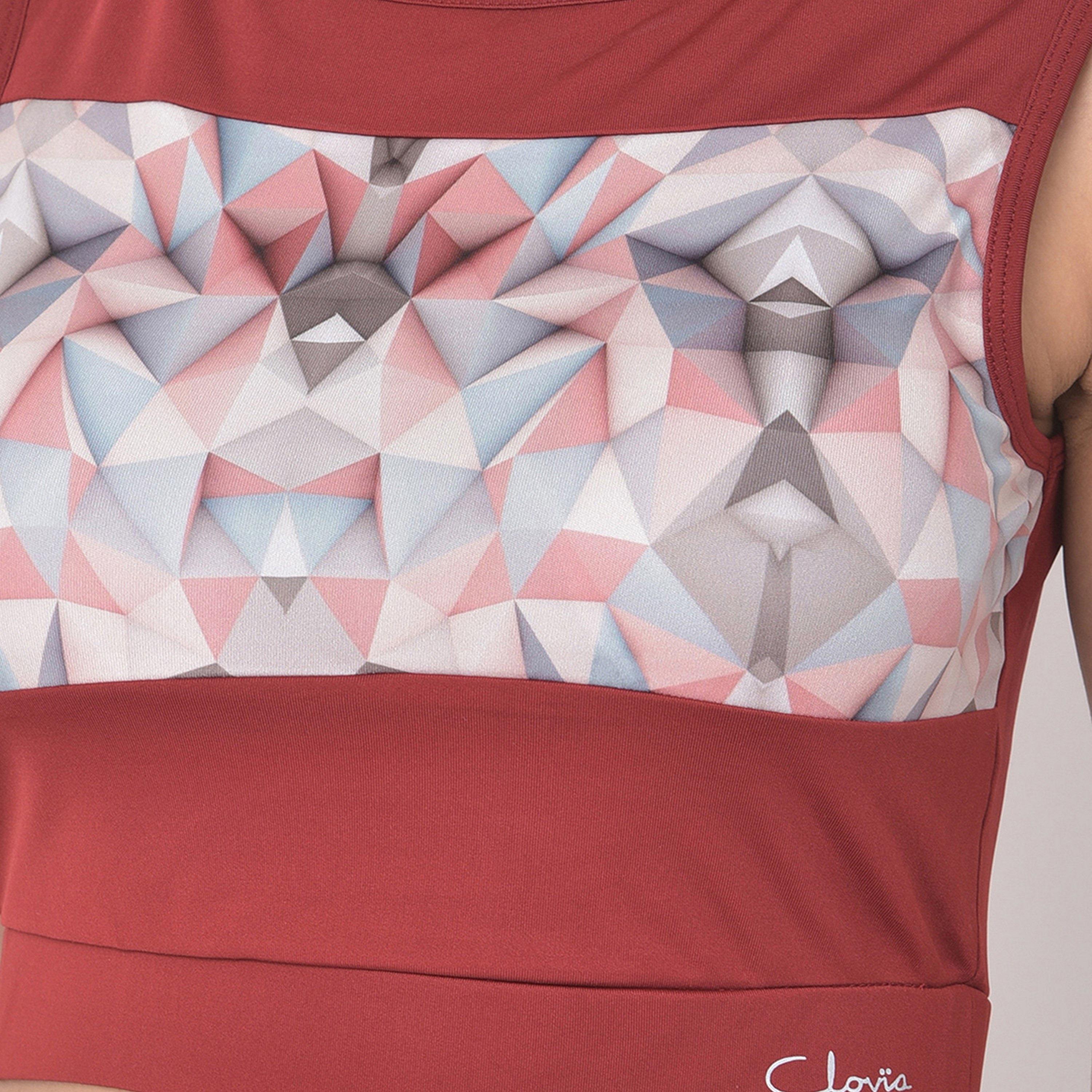 Clovia Comfort-Fit Women's Active Geometric Print Crop Top in Maroon-women-clothing-sportswearandactivewear-tshirtsandvests-image-5