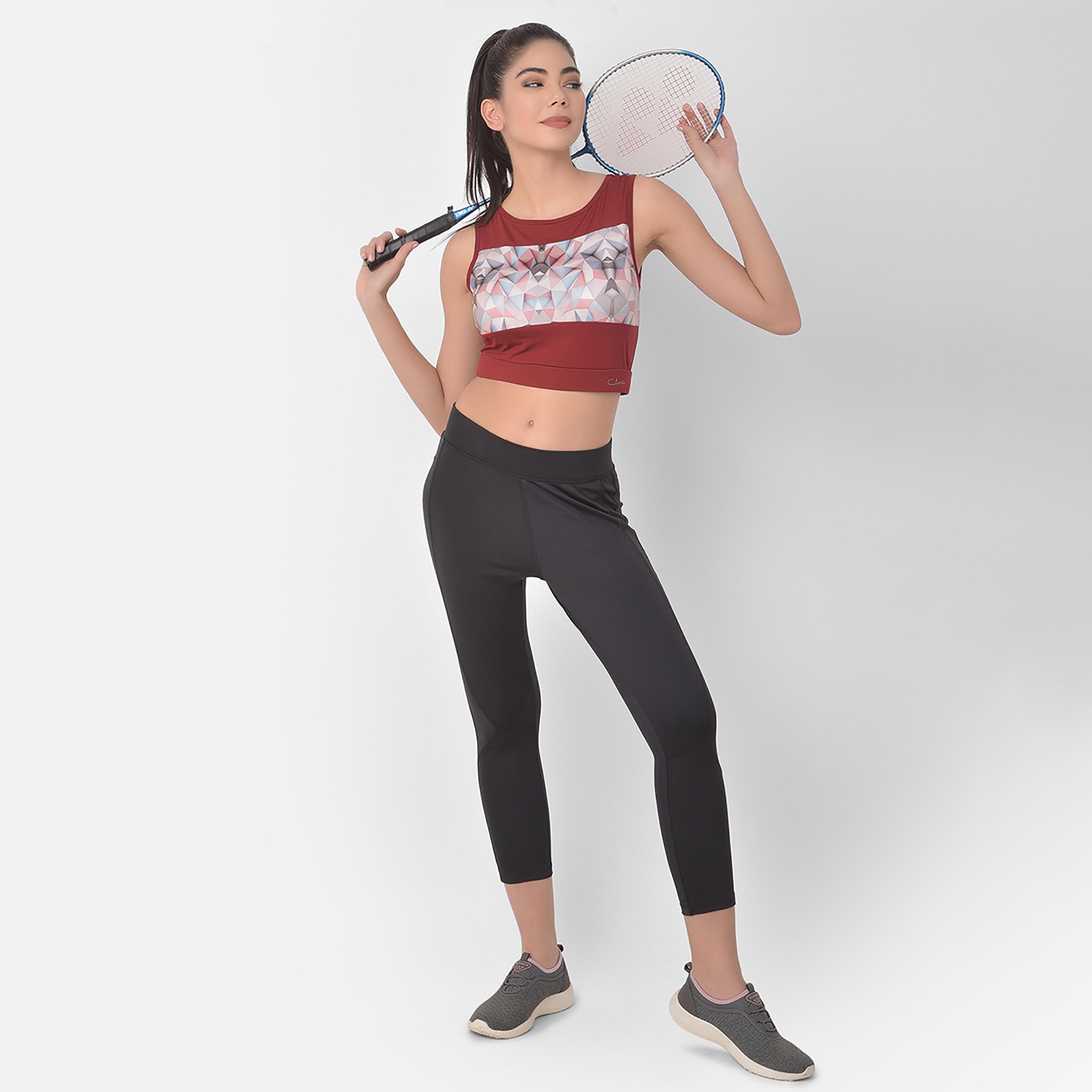 Clovia Comfort-Fit Women's Active Geometric Print Crop Top in Maroon-women-clothing-sportswearandactivewear-tshirtsandvests-image-6