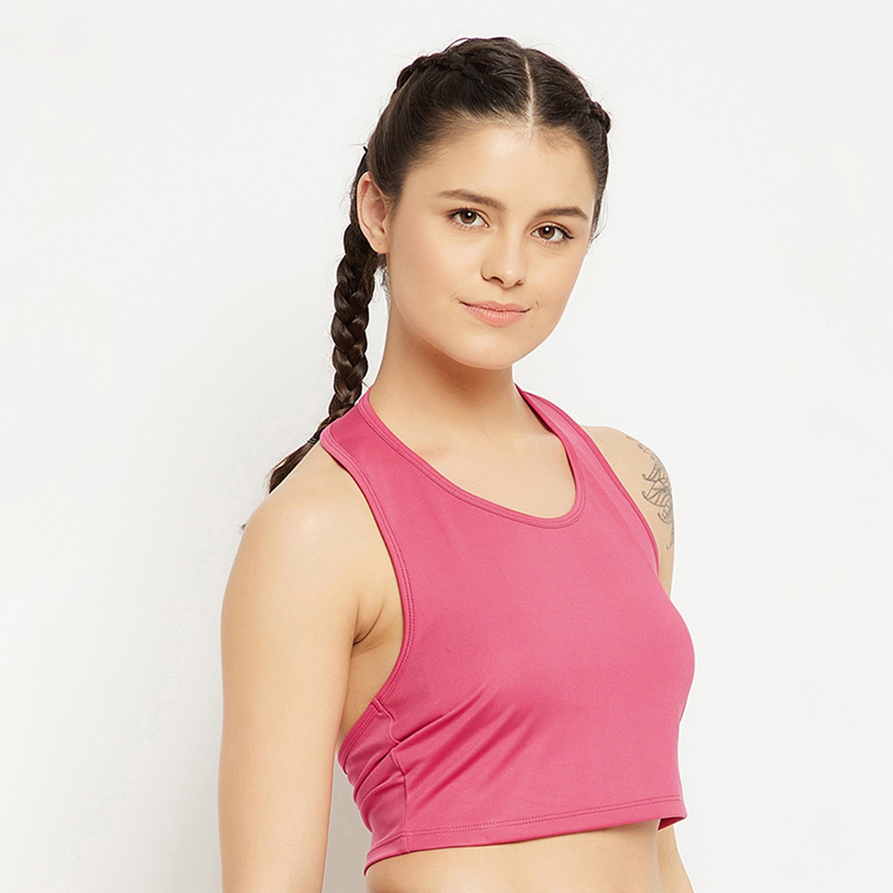 Clovia Snug Fit Women's Active Halter Neck Crop Top in Hot Pink-women-clothing-sportswearandactivewear-tshirtsandvests-image-3
