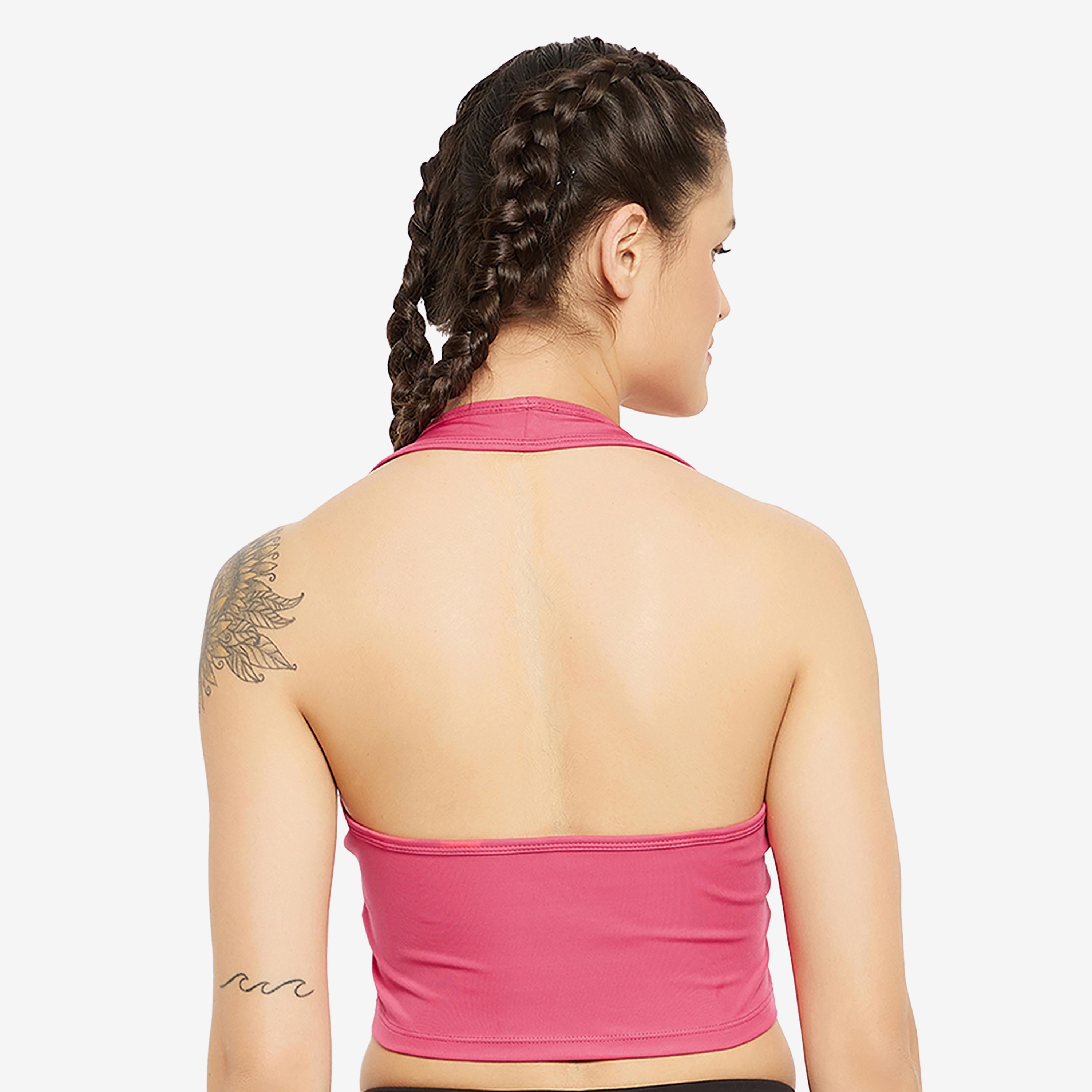 Clovia Snug Fit Women's Active Halter Neck Crop Top in Hot Pink-women-clothing-sportswearandactivewear-tshirtsandvests-image-4