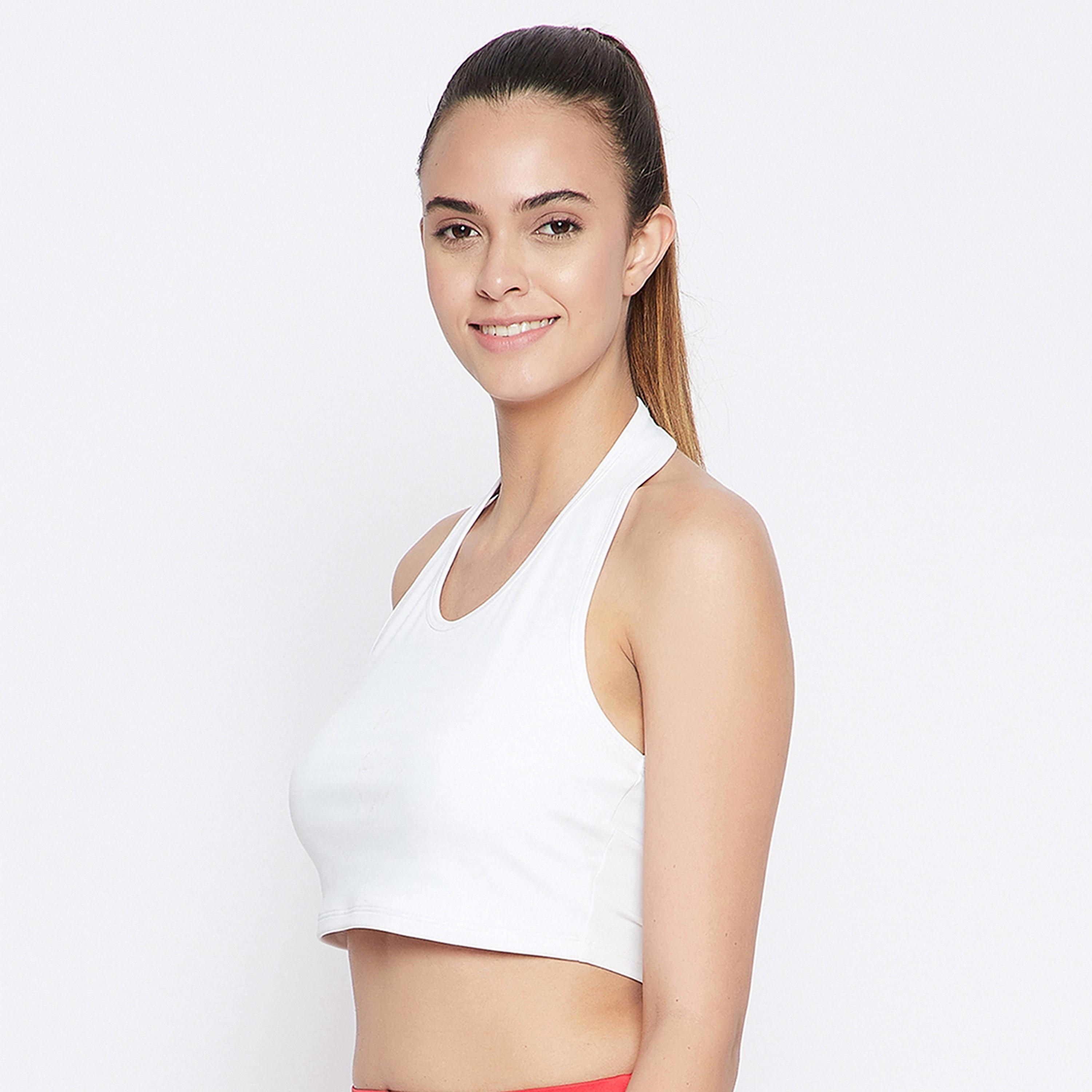 Clovia Padded Women's Active Crop Top in White with Halter Neck-women-clothing-sportswearandactivewear-tshirtsandvests-image-2