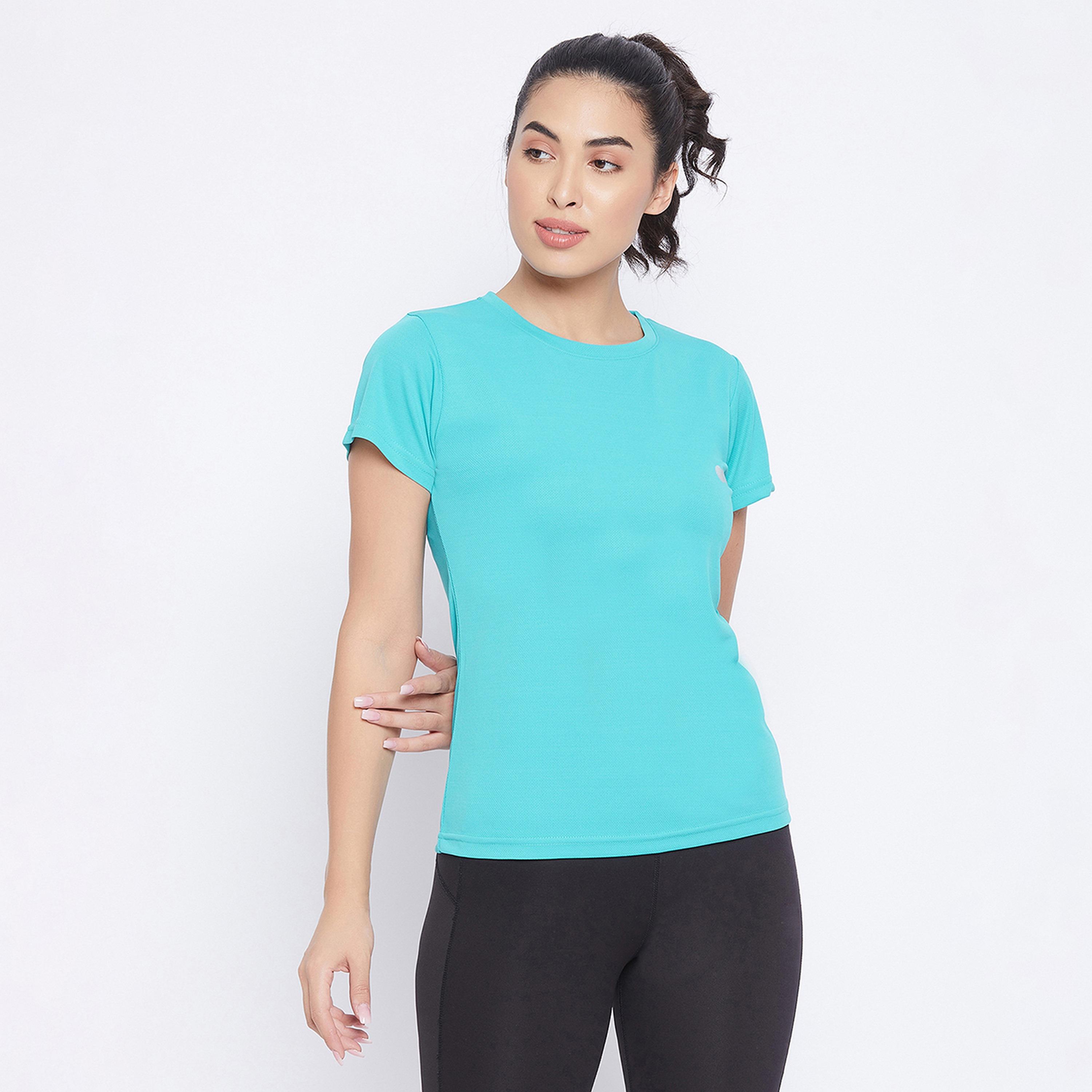 Clovia Quick Dry Women's Sports T-Shirt in Turquoise Blue with Reflective Logo-sports-women-clothing-tshirtsandvests-image-1