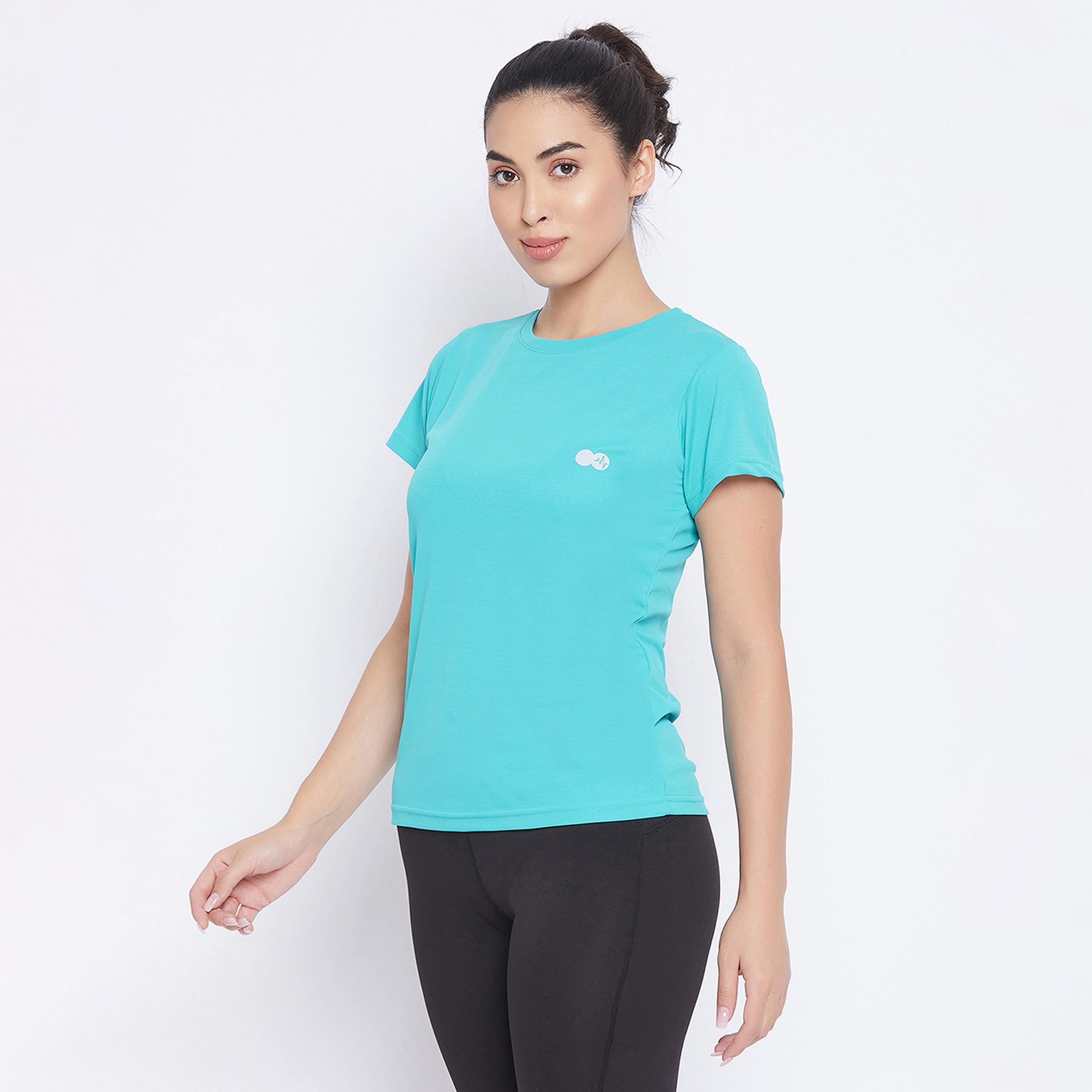 Clovia Quick Dry Women's Sports T-Shirt in Turquoise Blue with Reflective Logo-women-clothing-sportswearandactivewear-tshirtsandvests-image-2