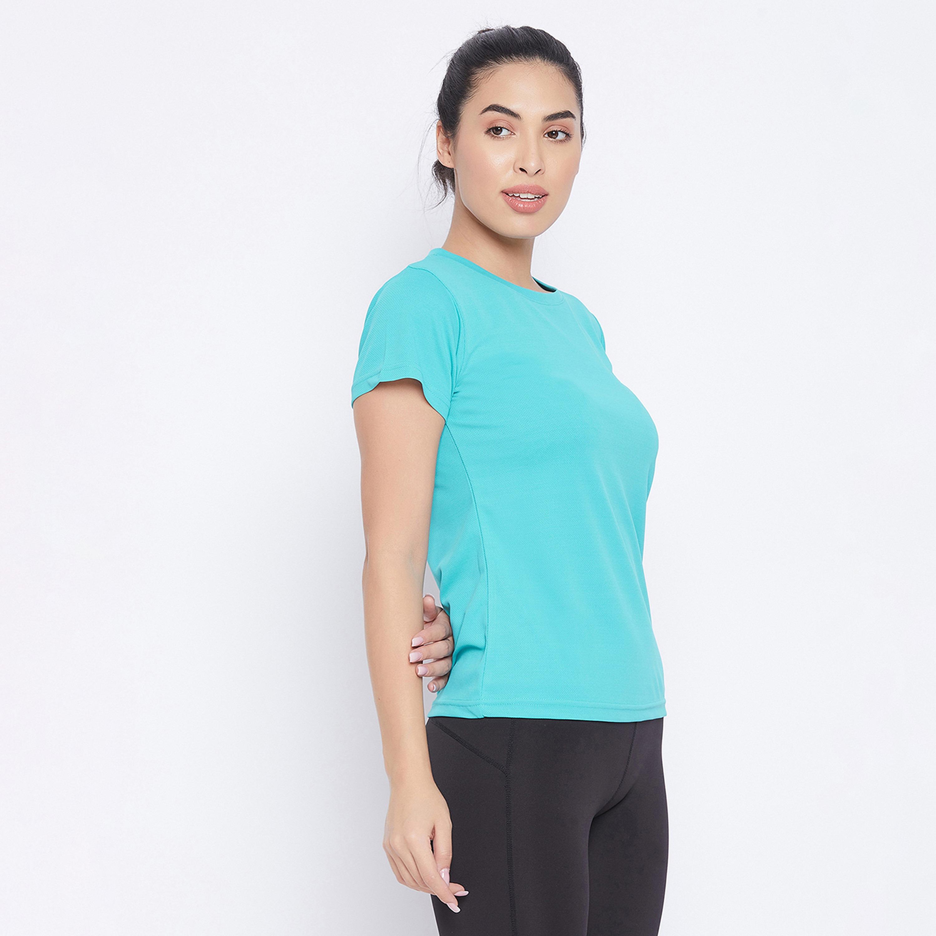 Clovia Quick Dry Women's Sports T-Shirt in Turquoise Blue with Reflective Logo-women-clothing-sportswearandactivewear-tshirtsandvests-image-3