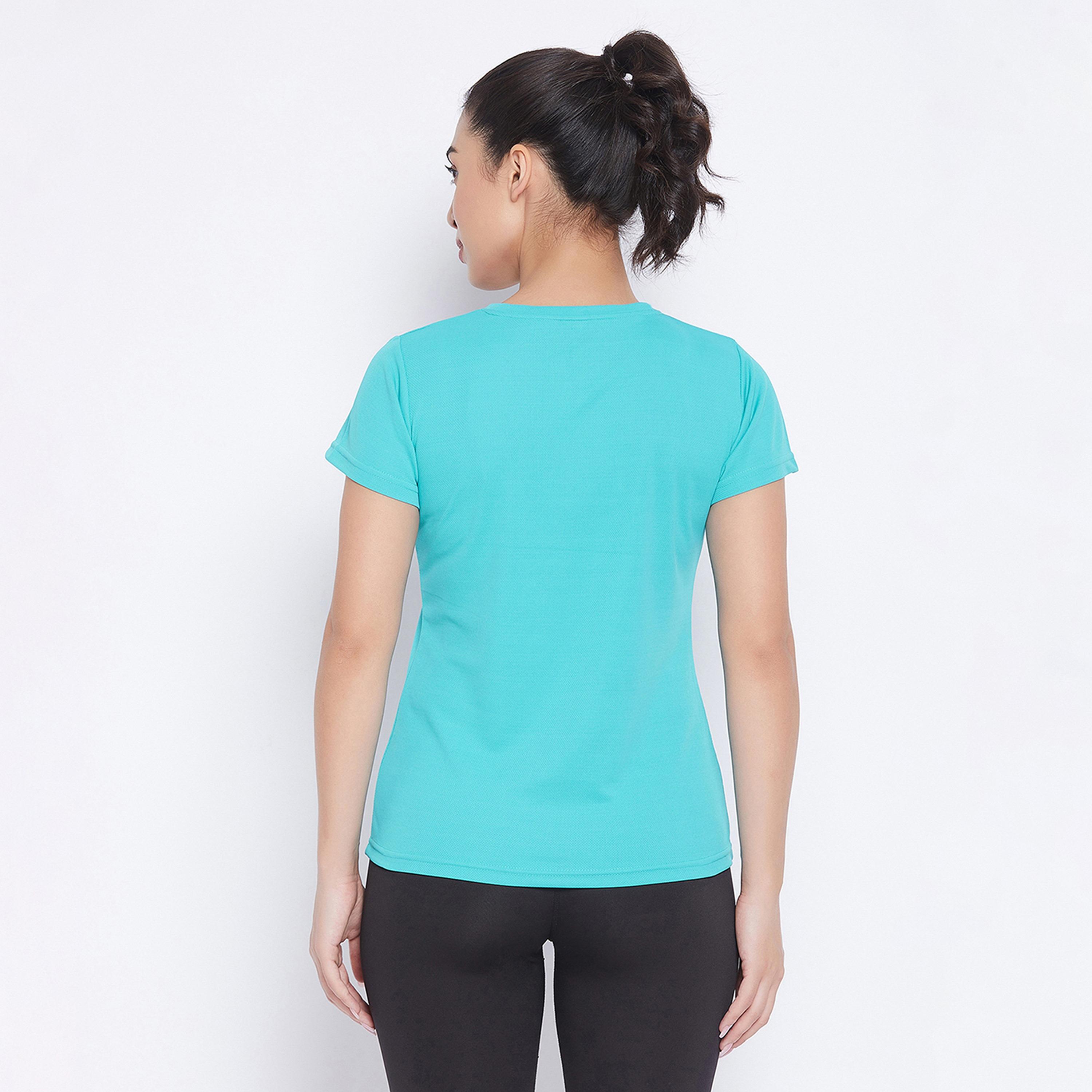 Clovia Quick Dry Women's Sports T-Shirt in Turquoise Blue with Reflective Logo-sports-women-clothing-tshirtsandvests-image-4