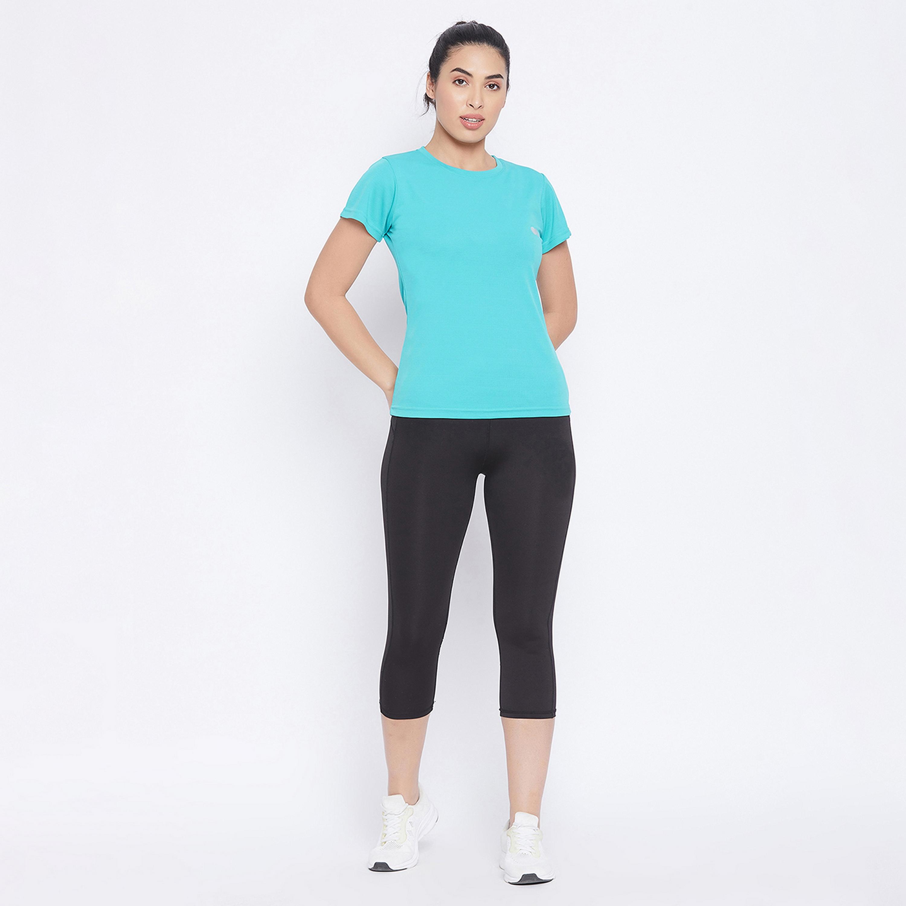 Clovia Quick Dry Women's Sports T-Shirt in Turquoise Blue with Reflective Logo-women-clothing-sportswearandactivewear-tshirtsandvests-image-7