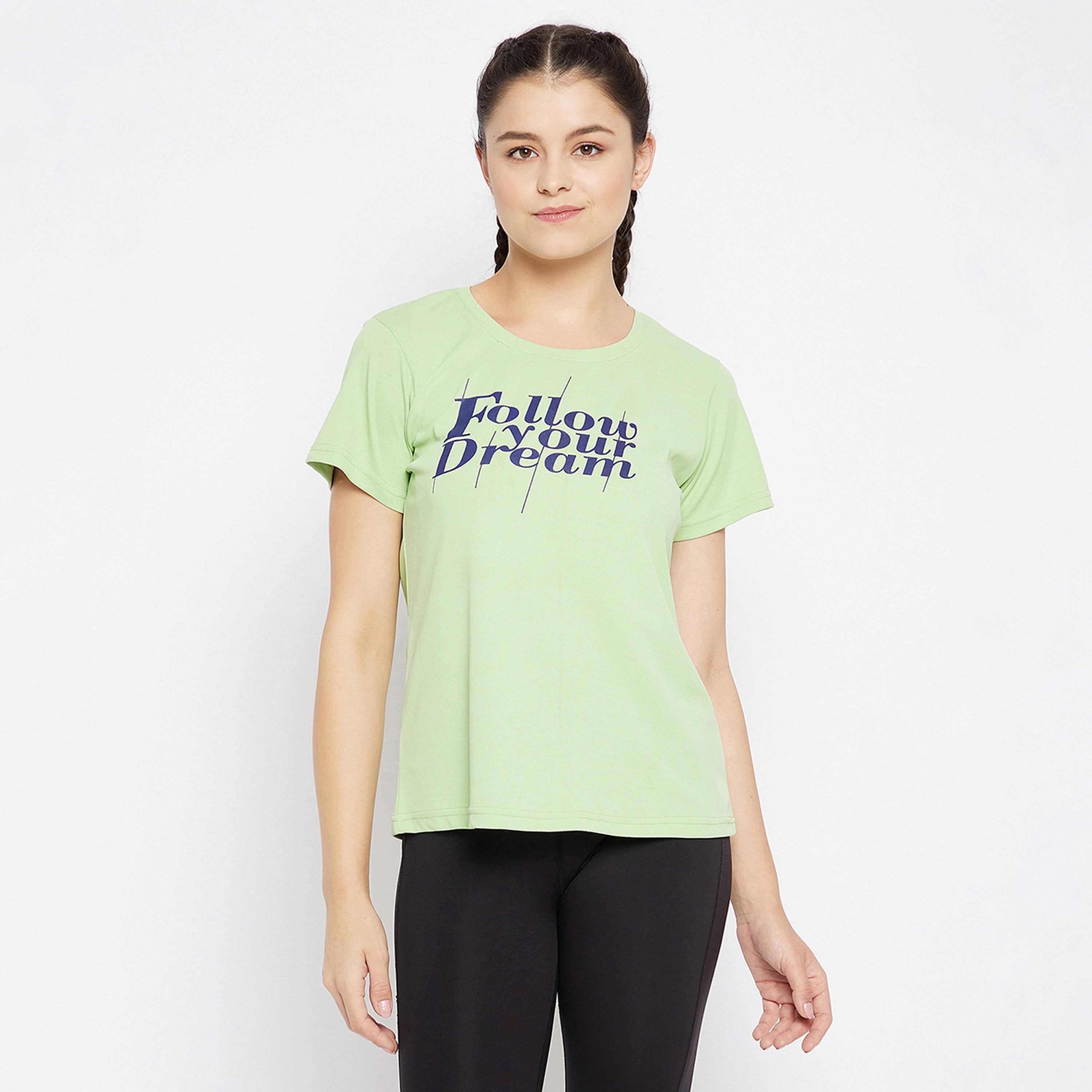 Clovia Quick Dry Text Print Women's Sports T-Shirt in Sage Green with UV Protection-sports-women-clothing-tshirtsandvests-image-1