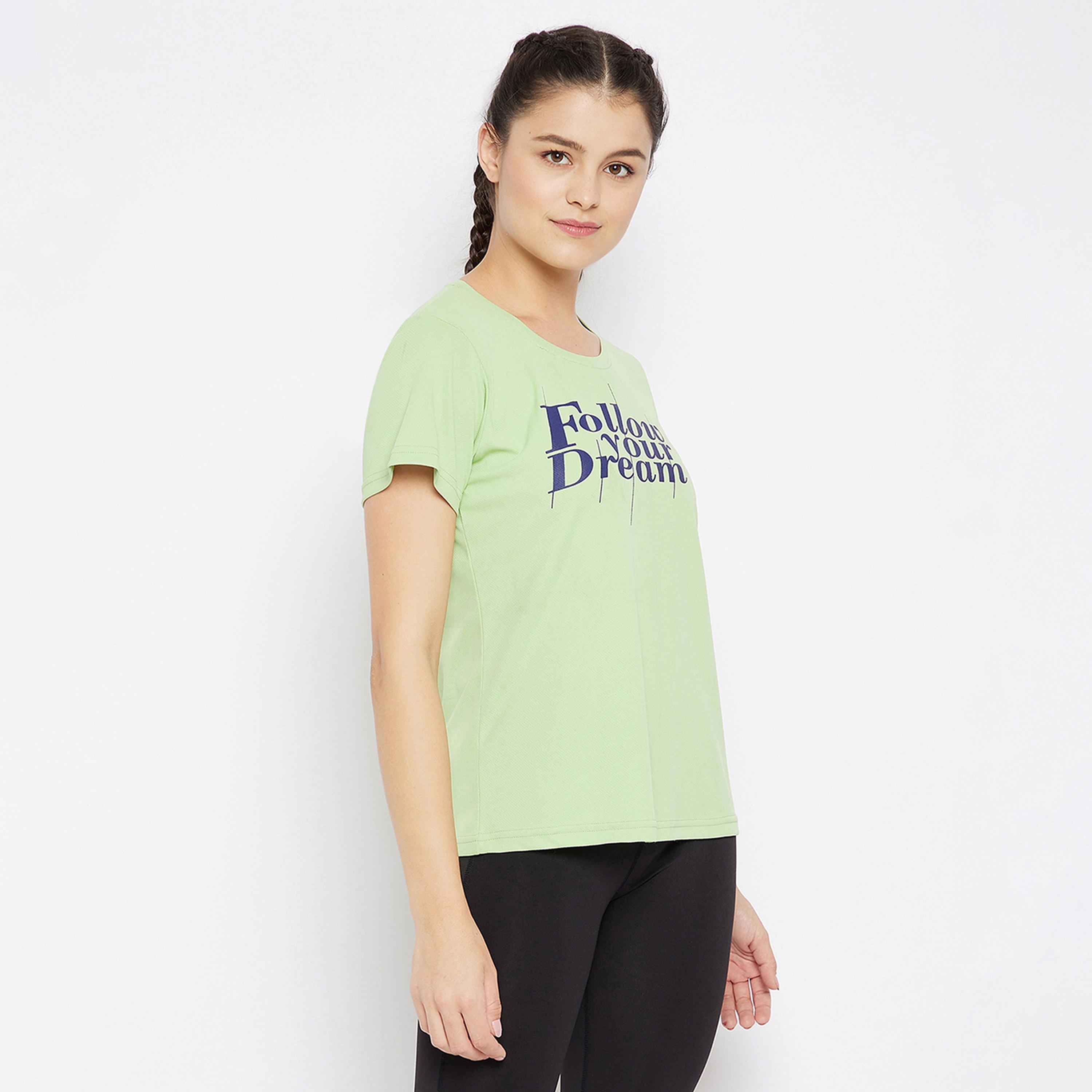 Clovia Quick Dry Text Print Women's Sports T-Shirt in Sage Green with UV Protection-sports-women-clothing-tshirtsandvests-image-3