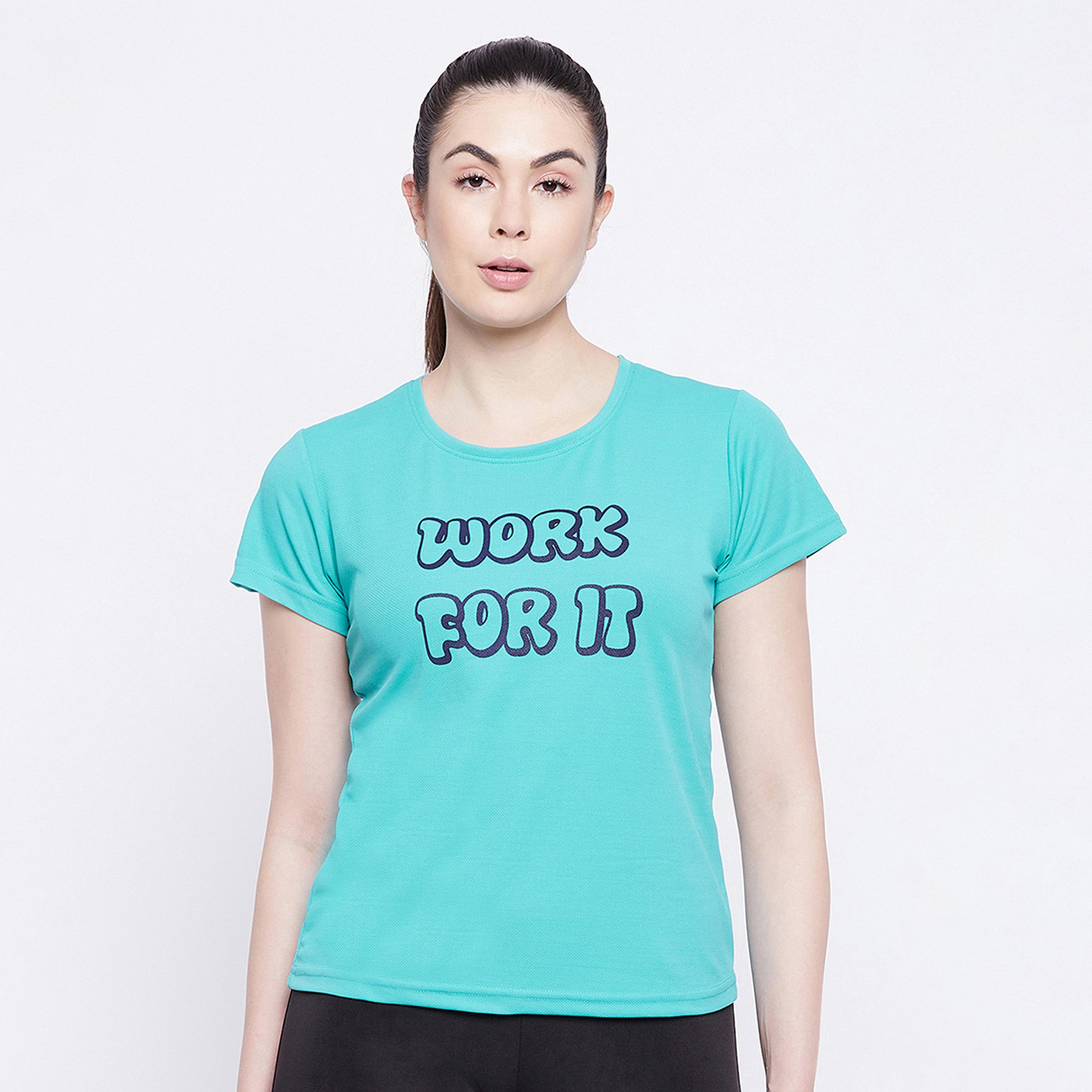 Clovia Quick Dry Text Print Women's Sports T-Shirt in Turquoise Blue with UV Protection-sports-women-clothing-tshirtsandvests-image-1
