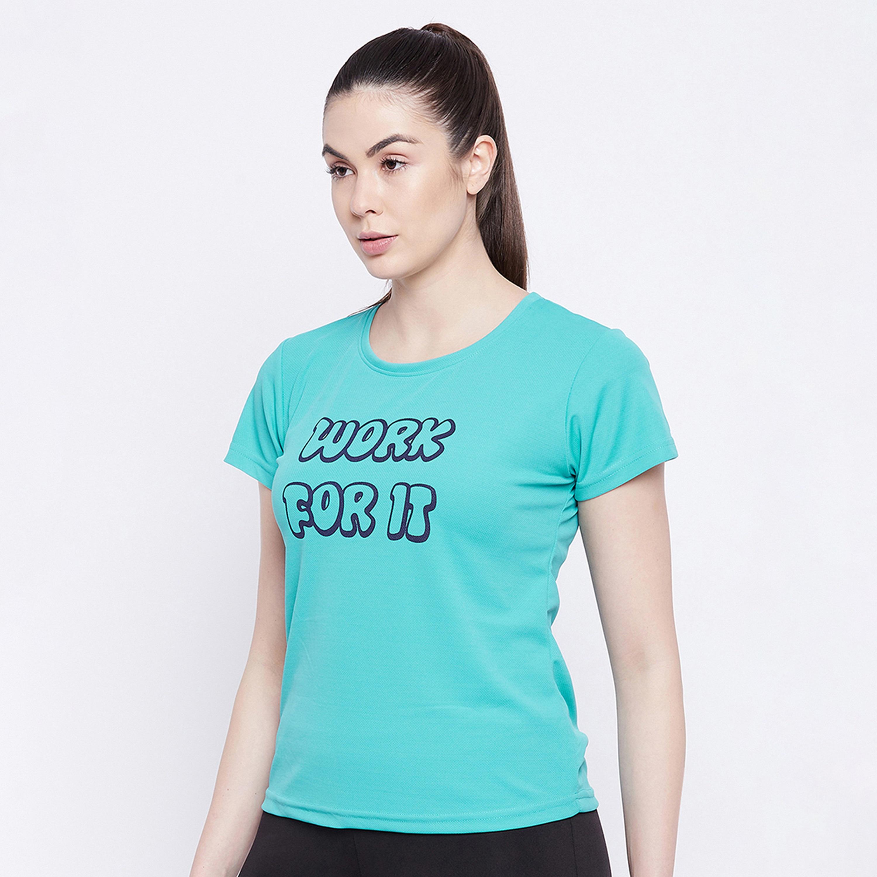 Clovia Quick Dry Text Print Women's Sports T-Shirt in Turquoise Blue with UV Protection-sports-women-clothing-tshirtsandvests-image-2