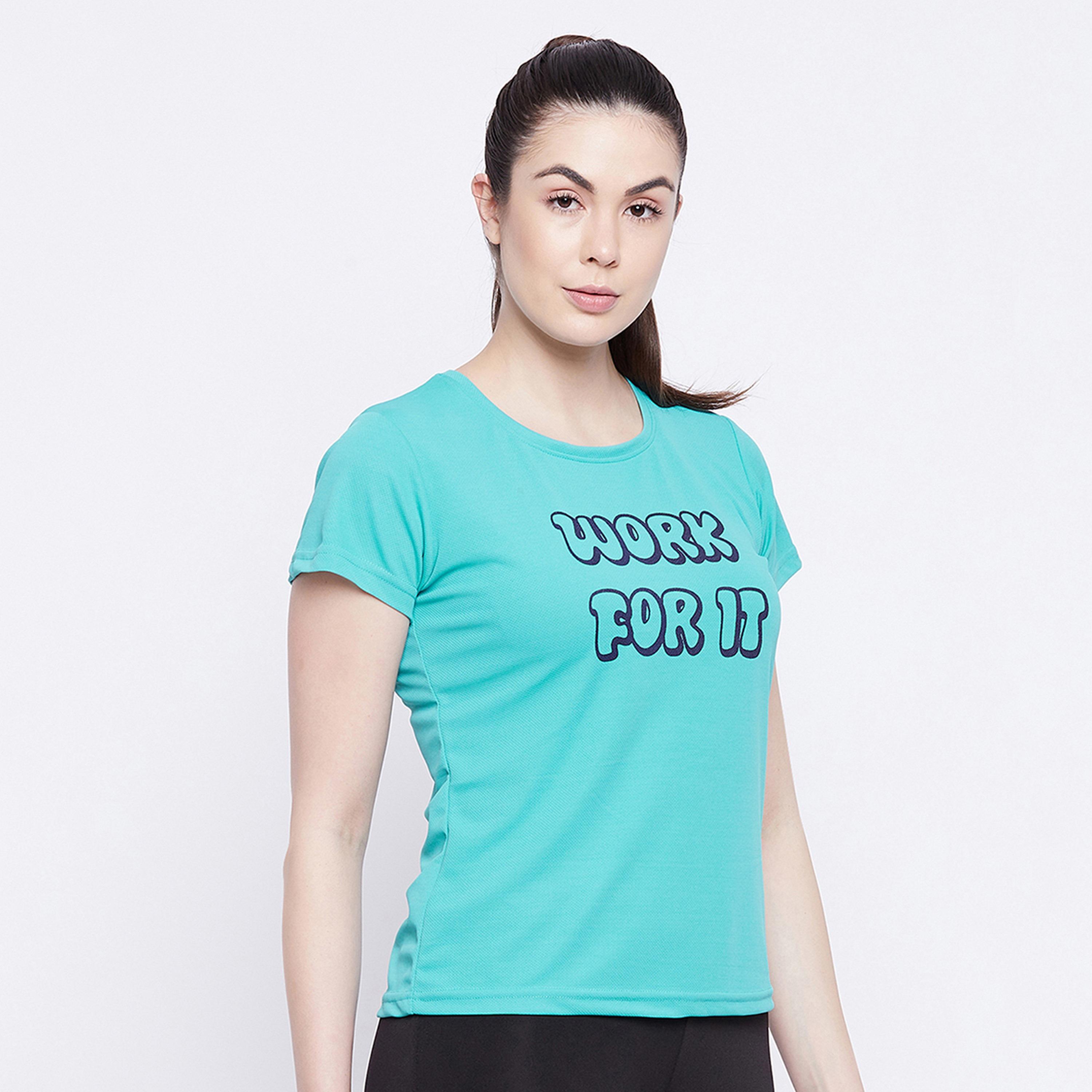 Clovia Quick Dry Text Print Women's Sports T-Shirt in Turquoise Blue with UV Protection-sports-women-clothing-tshirtsandvests-image-3