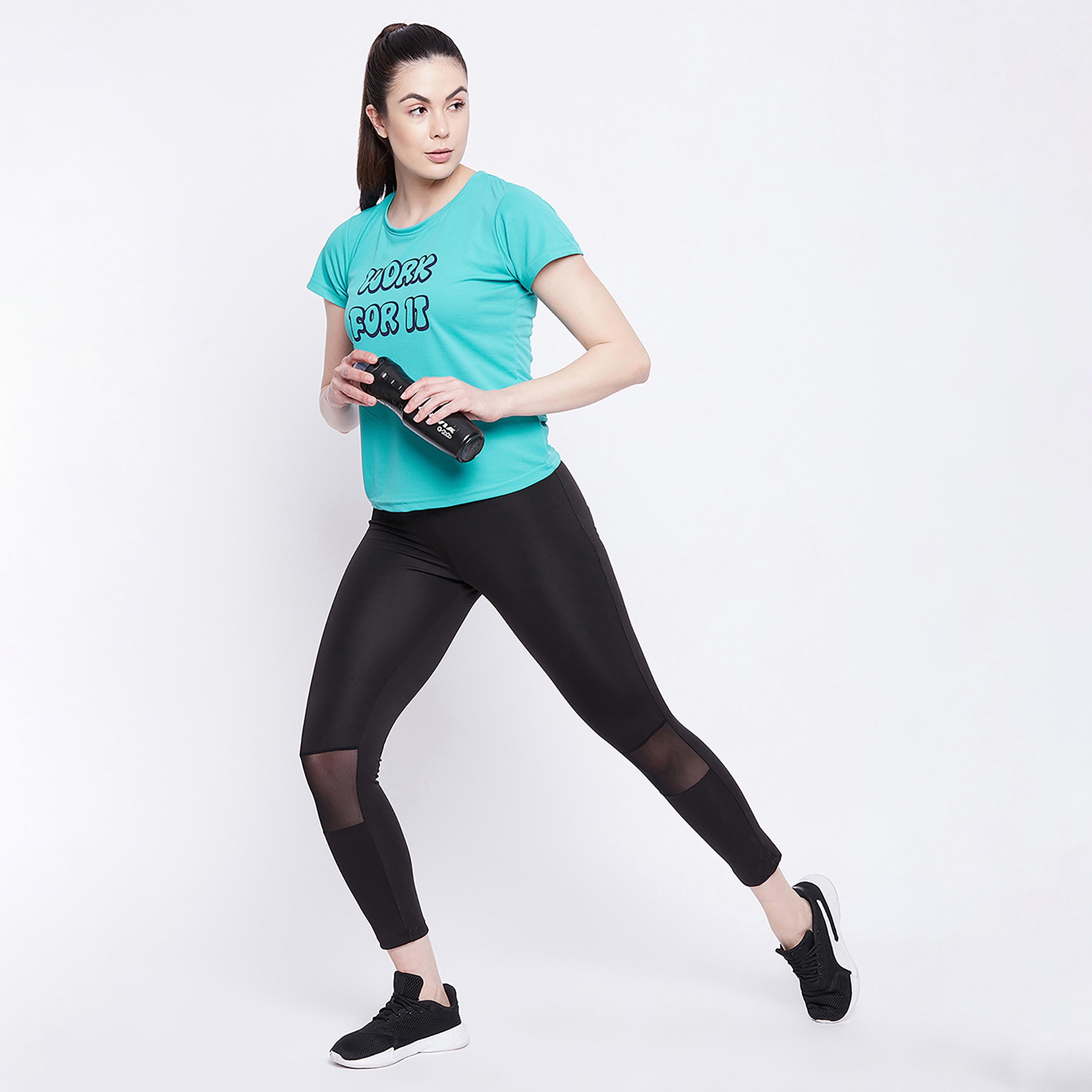 Clovia Quick Dry Text Print Women's Sports T-Shirt in Turquoise Blue with UV Protection-sports-women-clothing-tshirtsandvests-image-5