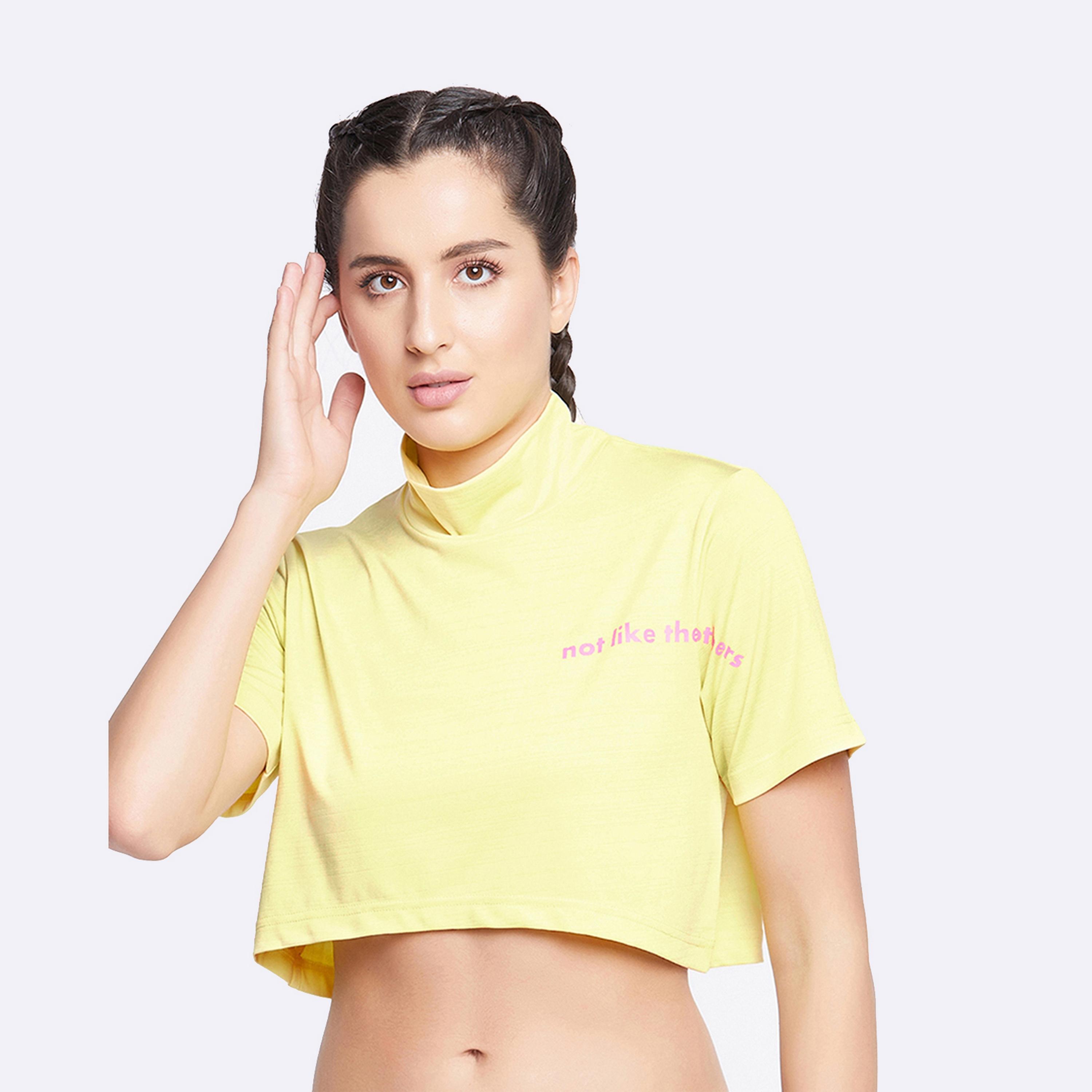 Clovia Comfort Fit Text Print High Neck Women's Active Crop Top in Yellow-women-clothing-sportswearandactivewear-tshirtsandvests-image-1