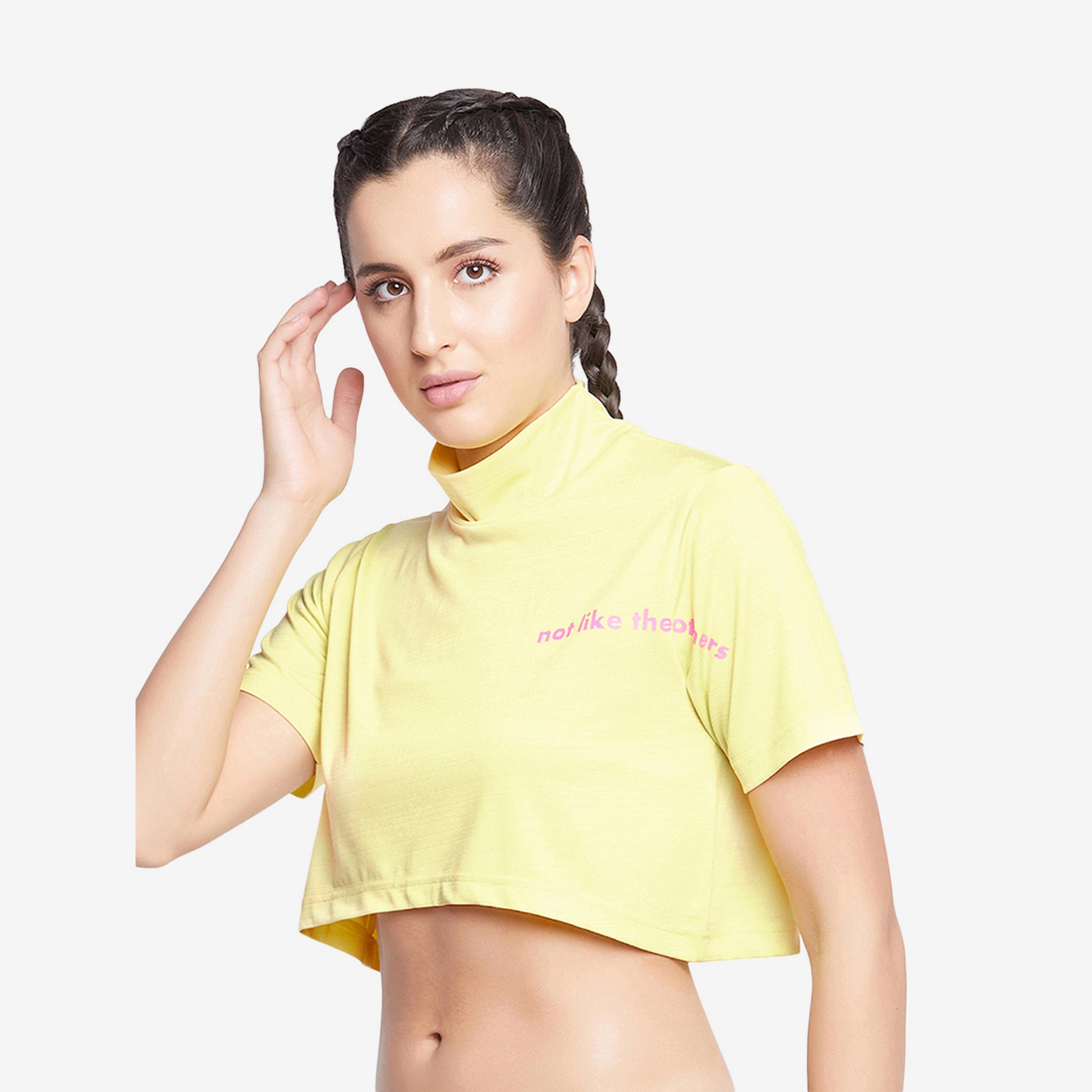 Clovia Comfort Fit Text Print High Neck Women's Active Crop Top in Yellow-women-clothing-sportswearandactivewear-tshirtsandvests-image-2