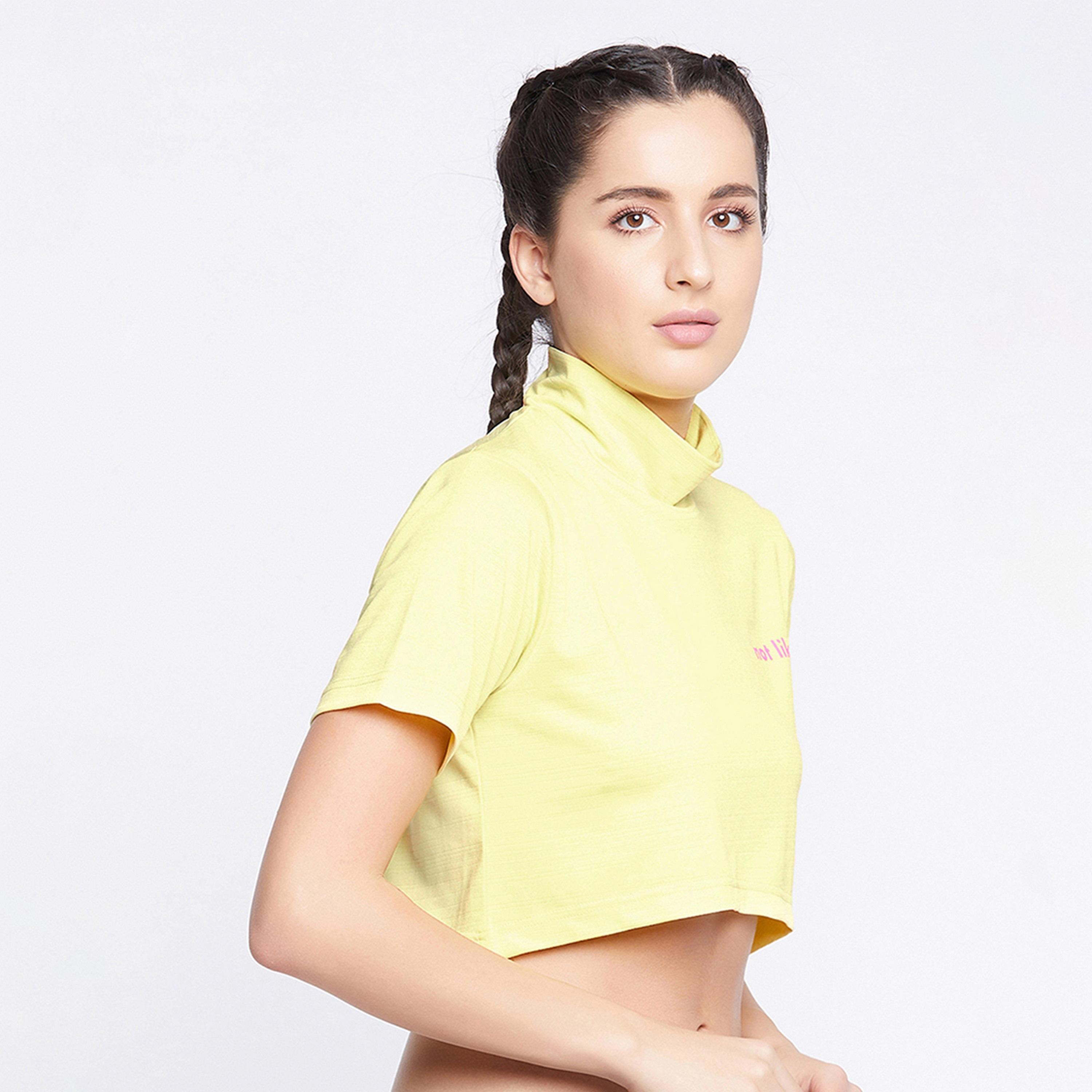 Clovia Comfort Fit Text Print High Neck Women's Active Crop Top in Yellow-women-clothing-sportswearandactivewear-tshirtsandvests-image-3