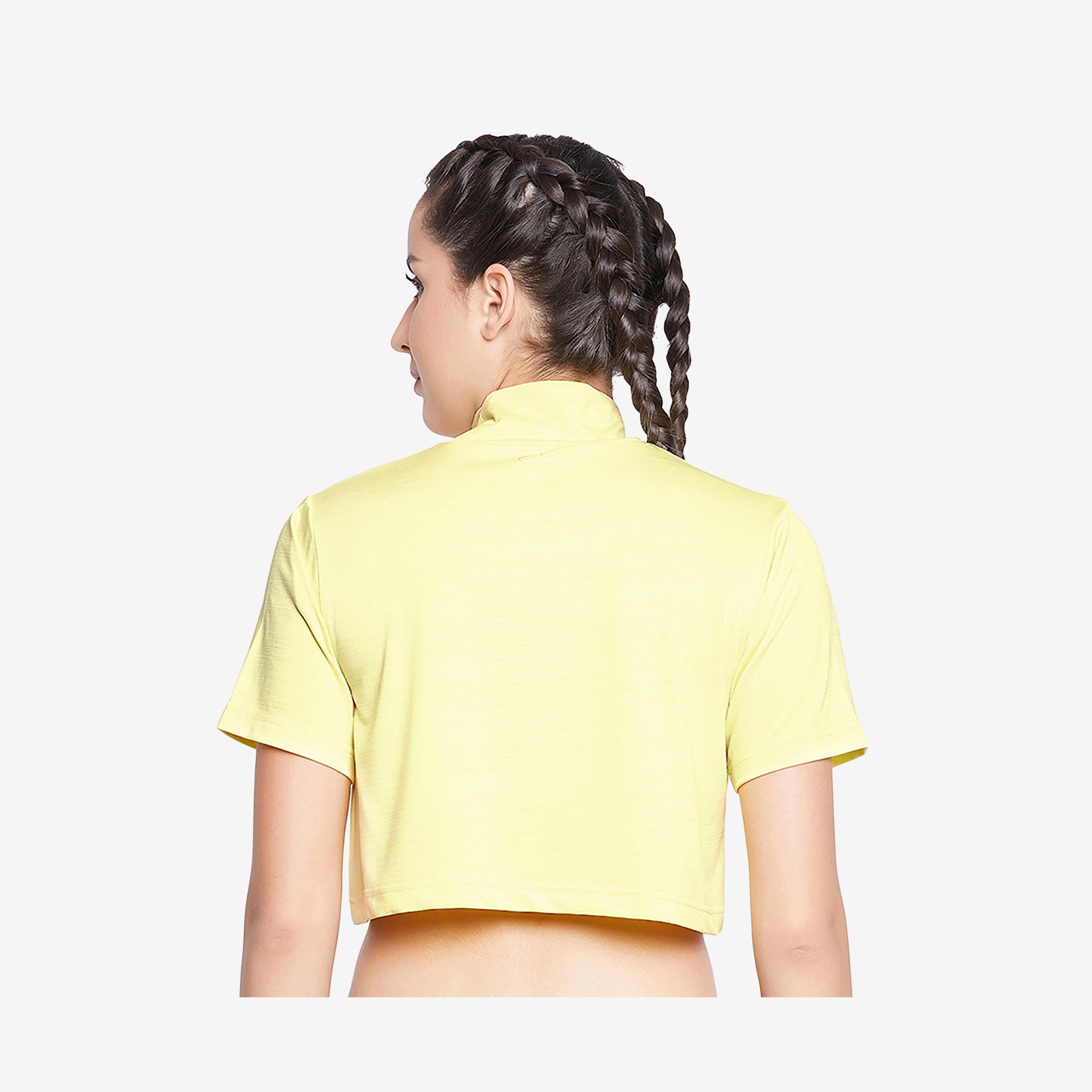 Clovia Comfort Fit Text Print High Neck Women's Active Crop Top in Yellow-women-clothing-sportswearandactivewear-tshirtsandvests-image-4