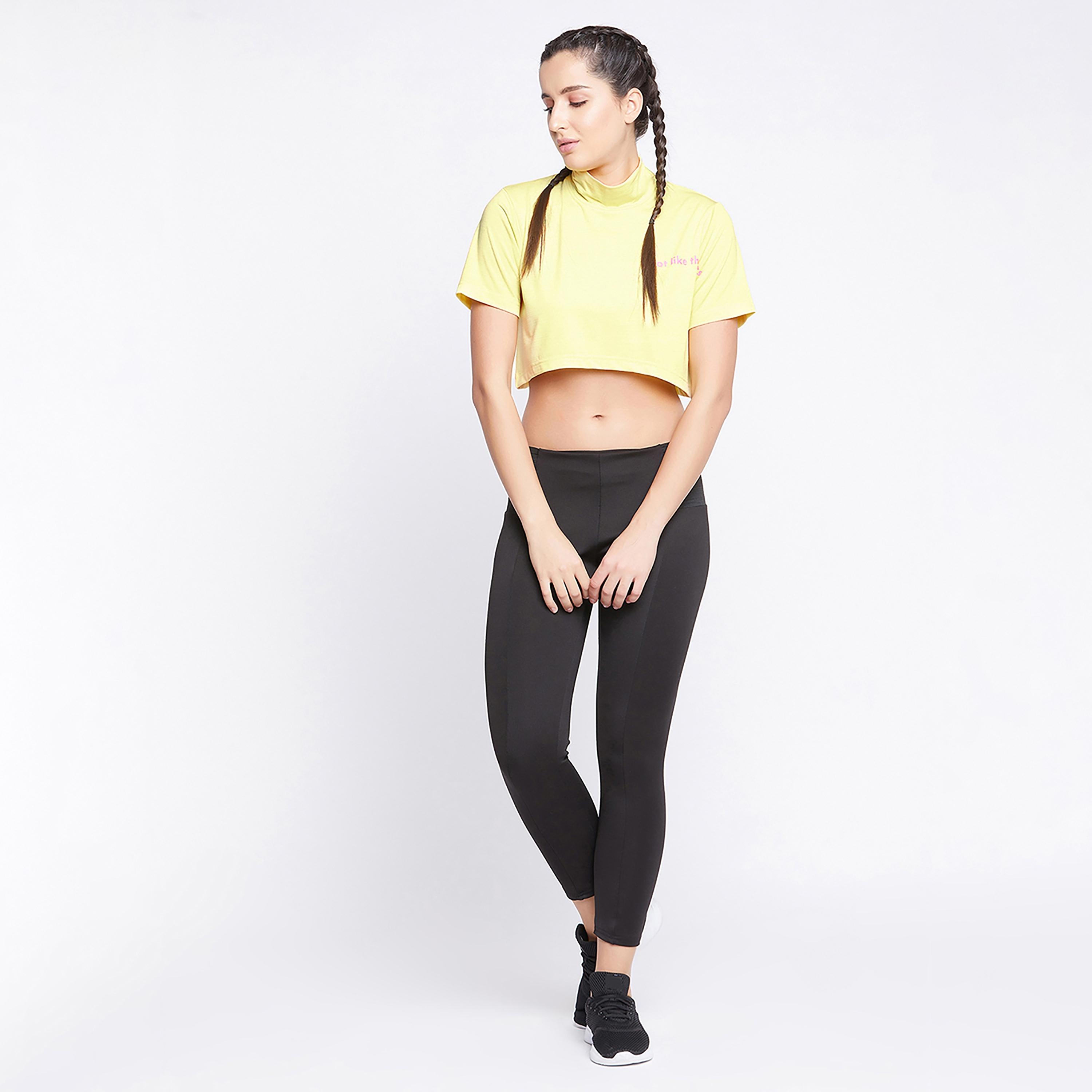 Clovia Comfort Fit Text Print High Neck Women's Active Crop Top in Yellow-women-clothing-sportswearandactivewear-tshirtsandvests-image-6
