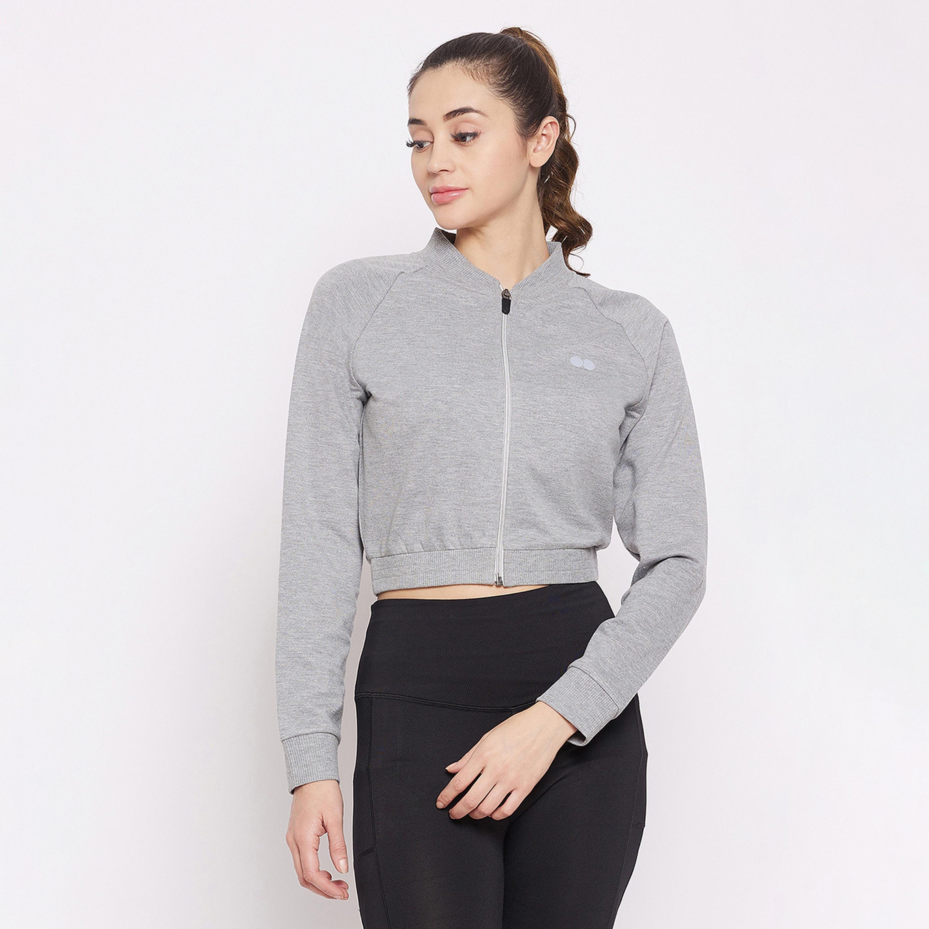 Clovia Comfort-Fit Women's Active Crop Sweatshirt in Melange Grey with Plain Logo-women-clothing-sportswearandactivewear-hoodiesandsweatshirts-image-1