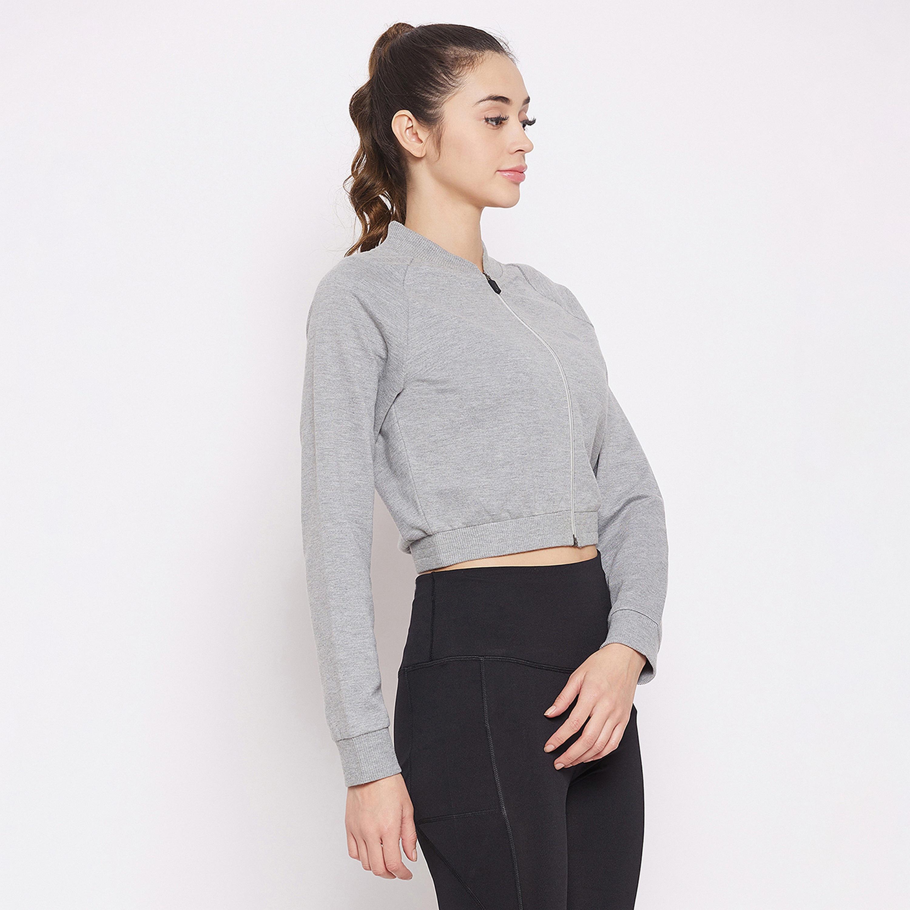 Clovia Comfort-Fit Women's Active Crop Sweatshirt in Melange Grey with Plain Logo-women-clothing-sportswearandactivewear-hoodiesandsweatshirts-image-3