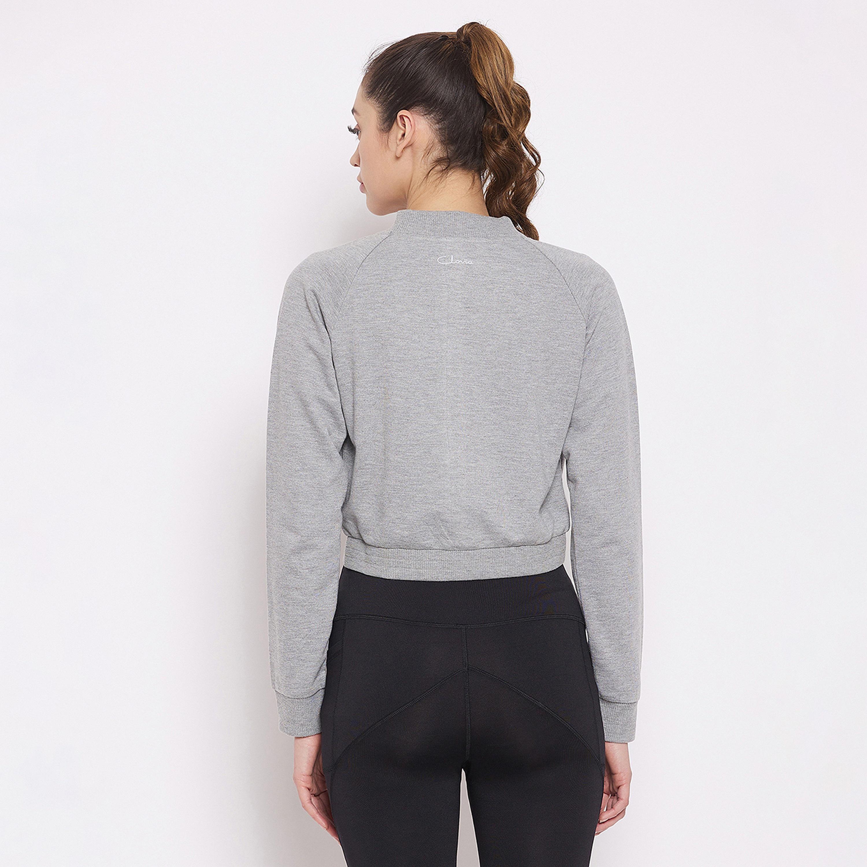 Clovia Comfort-Fit Women's Active Crop Sweatshirt in Melange Grey with Plain Logo-women-clothing-sportswearandactivewear-hoodiesandsweatshirts-image-4