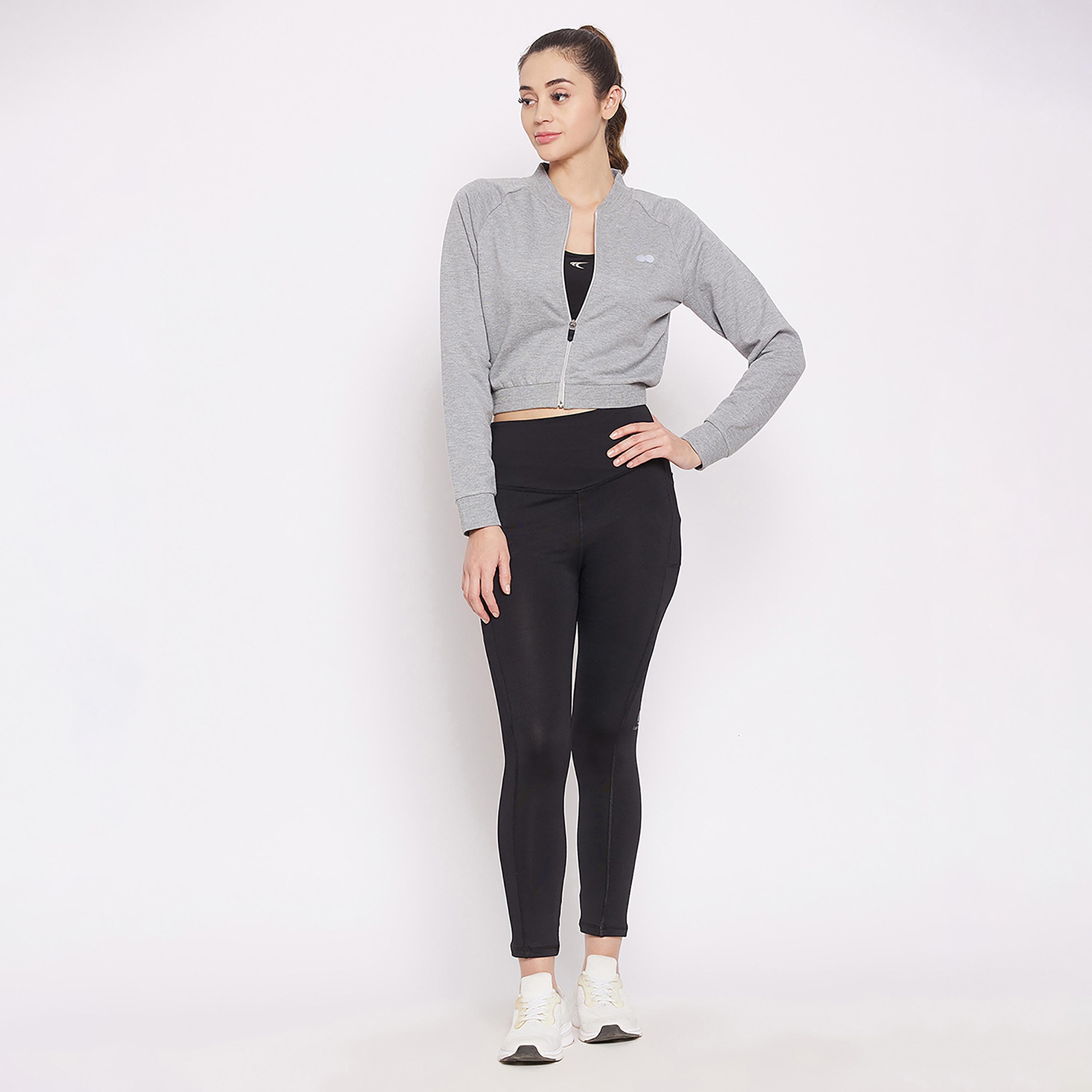 Clovia Comfort-Fit Women's Active Crop Sweatshirt in Melange Grey with Plain Logo-women-clothing-sportswearandactivewear-hoodiesandsweatshirts-image-6