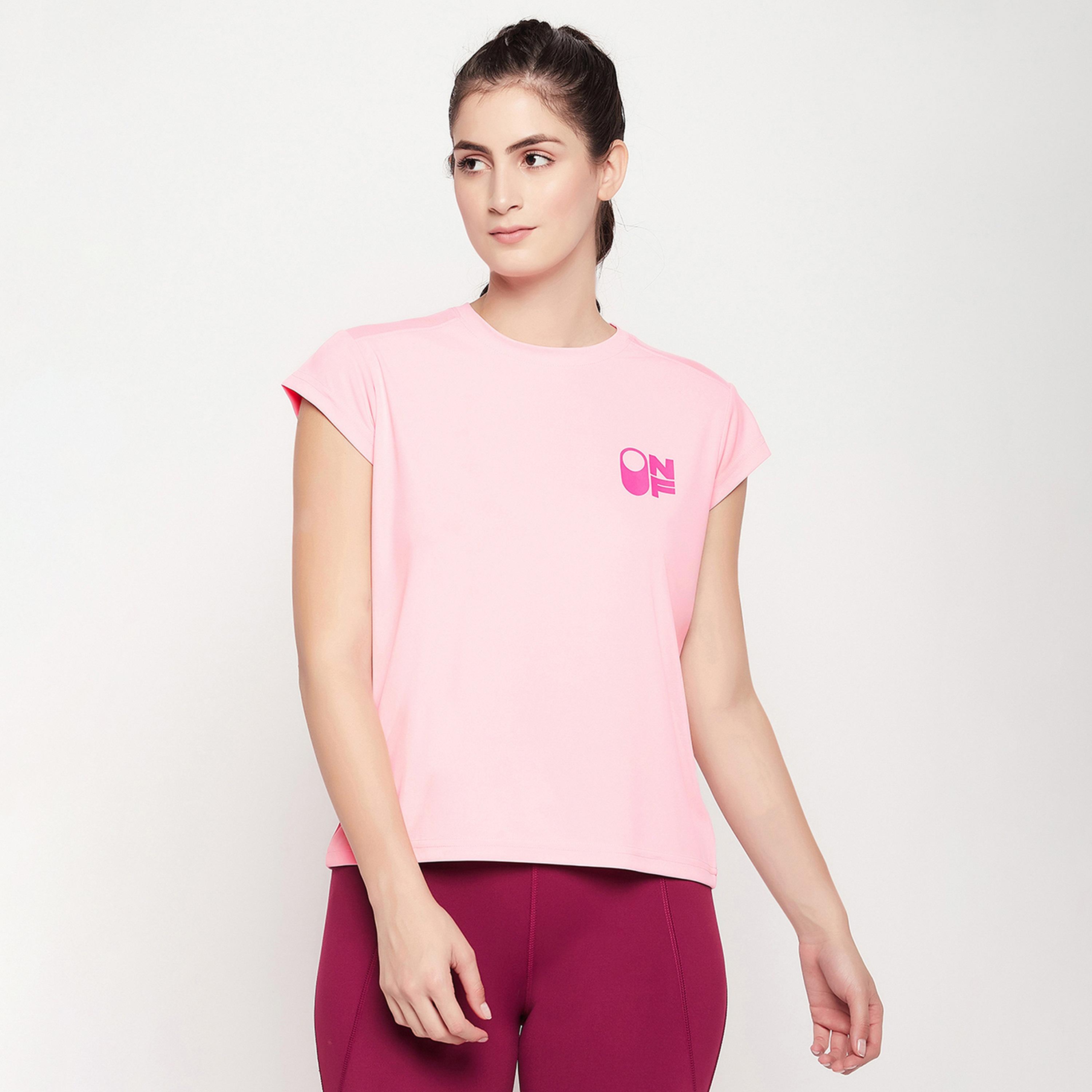Clovia Comfort Fit Graphic Print Women's Active T-Shirt in Baby Pink with Mesh Panels-sports-women-clothing-tshirtsandvests-image-1